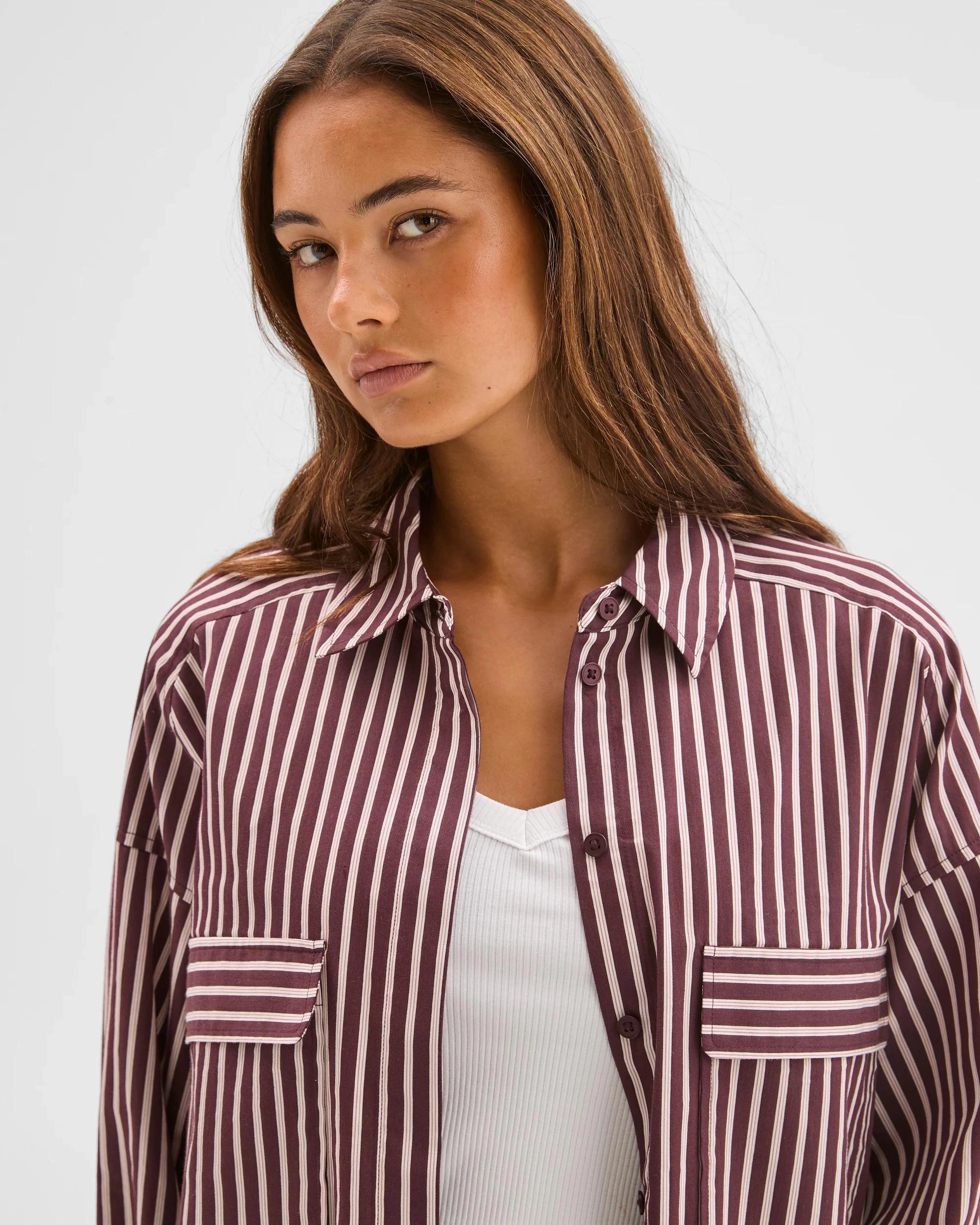 6 Lily Loves Australian Cotton Blend Oversized Shirt FUDGE STRIPE, 6 of 7