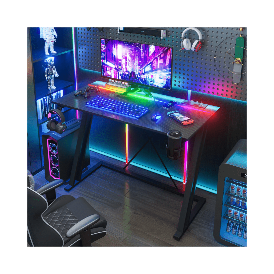 4 Advwin Gaming Desk Built-in Led Lights & Power Outlets 100cm Carbon Fiber Surface Computer Desk Black, 4 of 7