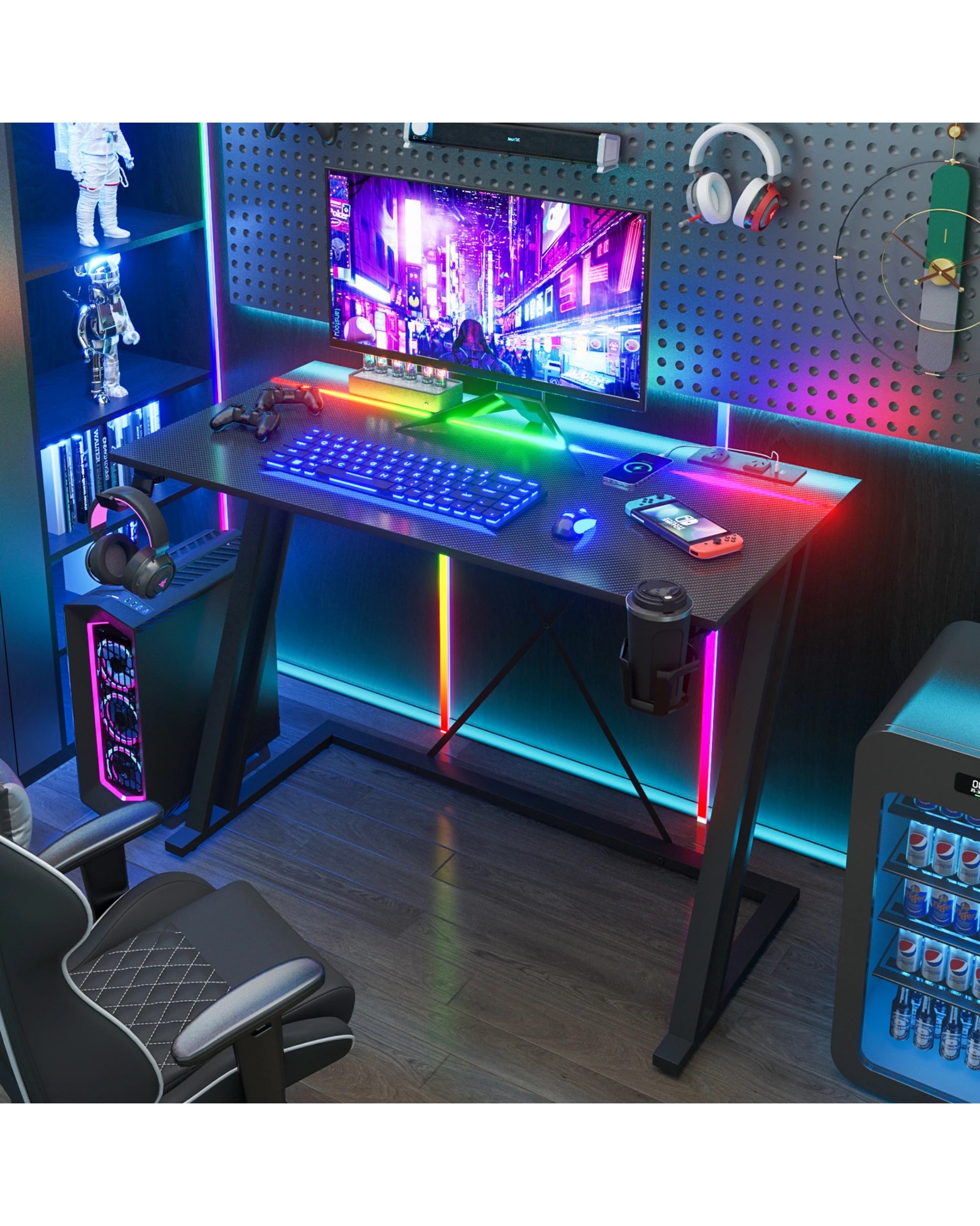 2 Advwin Gaming Desk Built-in Led Lights & Power Outlets 100cm Carbon Fiber Surface Computer Desk Black, 2 of 4