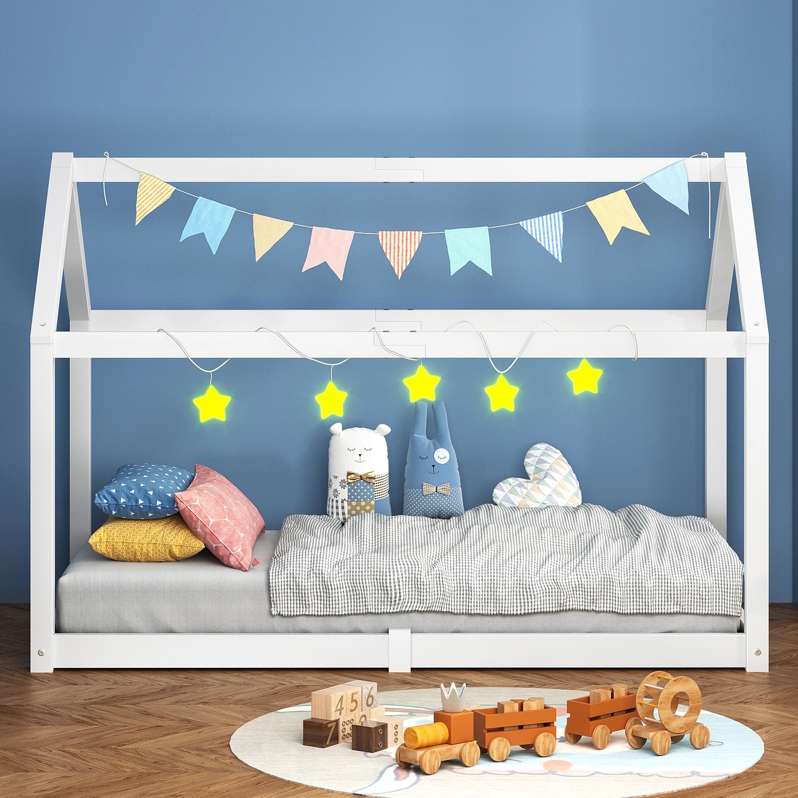 3 Alfordson Kids Bed Frame Wooden Timber Single House Frame Platform Rocco - White, 3 of 10
