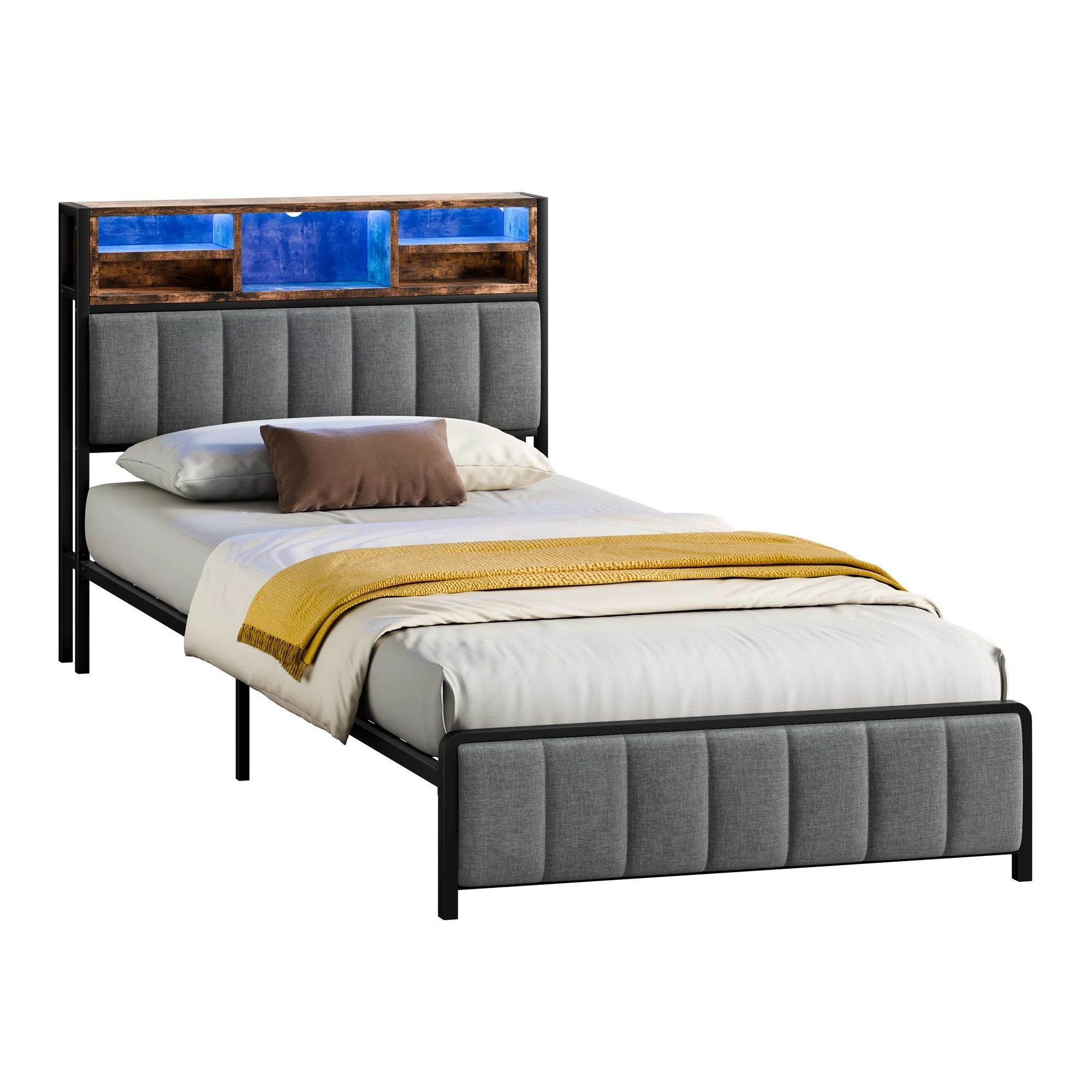 1 Alfordson Bed Frame King Single LED Charging Station Linen - Grey, 1 of 10