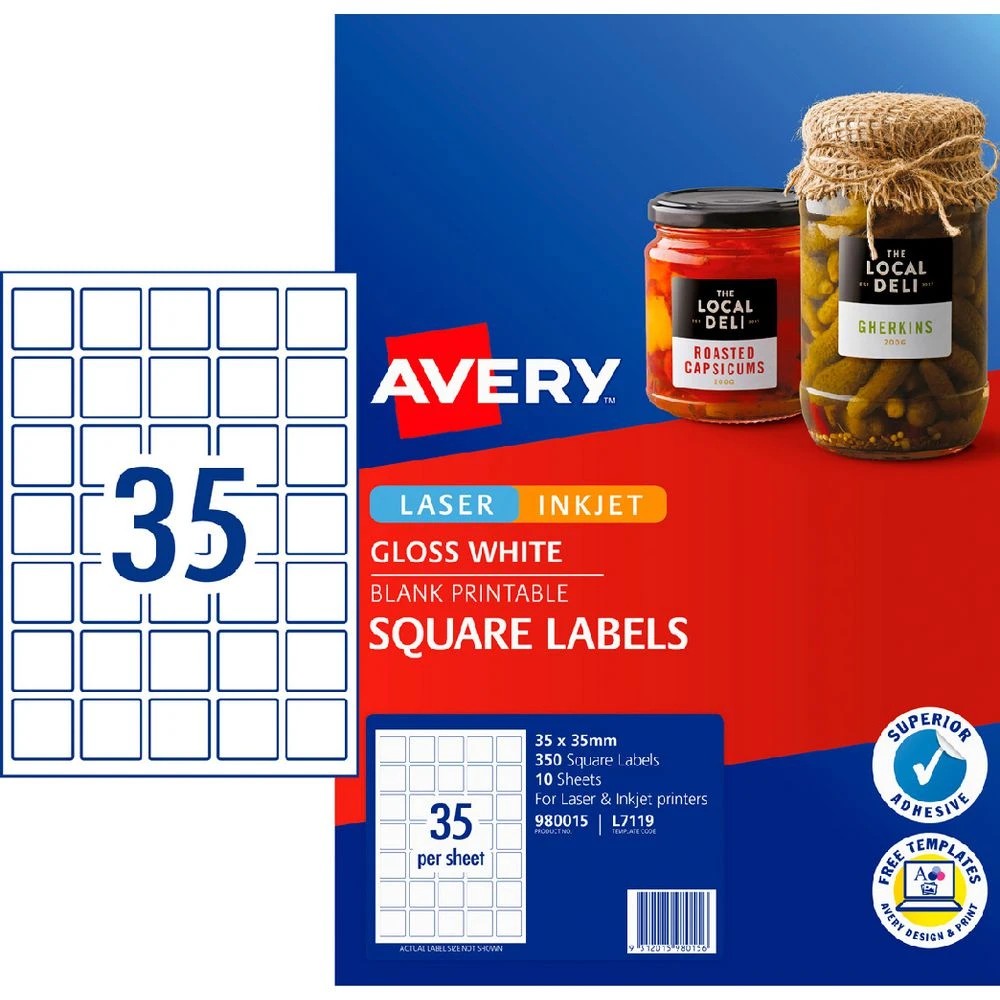 1 Avery 35UP Inkjet Laser Square Labels Gloss White 10 Sheets, 1 of 6