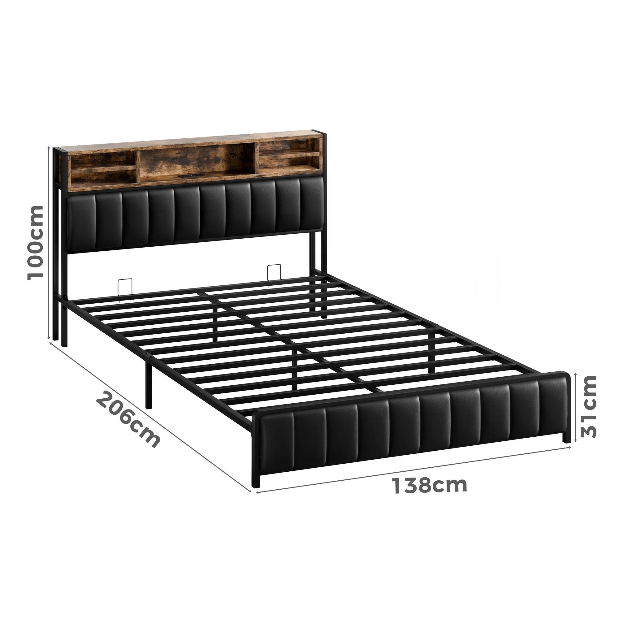 3 Alfordson Bed Frame Double LED Charging Station Leather - Black, 3 of 10