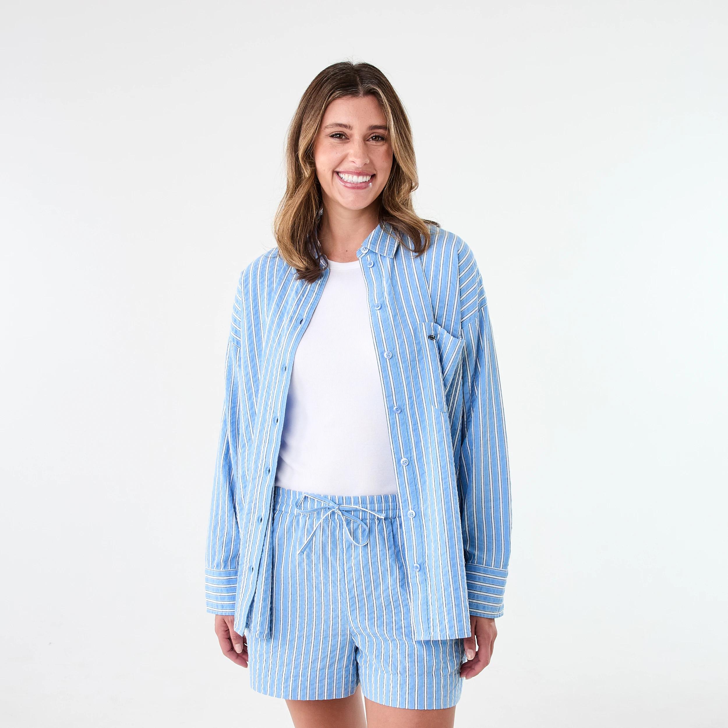1 Long Sleeve Oversized Seersucker Shirt Strp Blu, 1 of 9