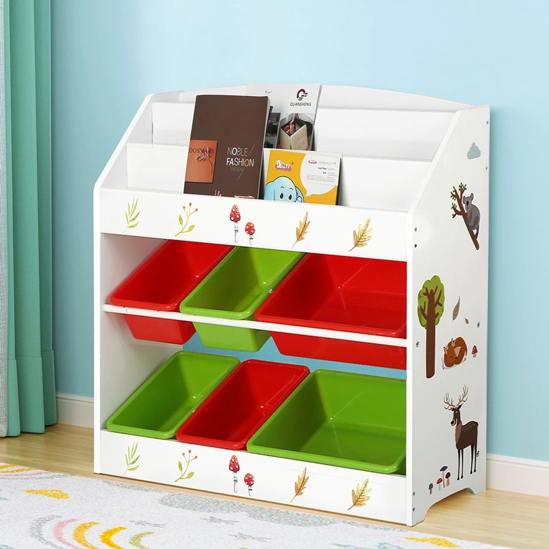 3 Keezi 3 Tiers Kids Bookshelf Storage Children Bookcase Toy Box Organiser Rack 6 Bins - Multi, 3 of 8
