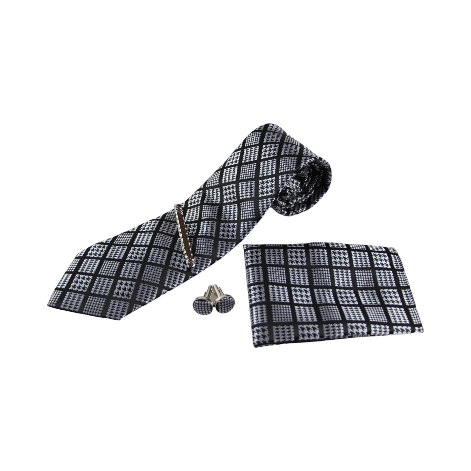 2 Zasel Mens Black & Silver Houndstooth Checkered Neck Tie, Pocket Square, Cuff Links And Tie Clip Set - Multi - Multi, 2 of 3