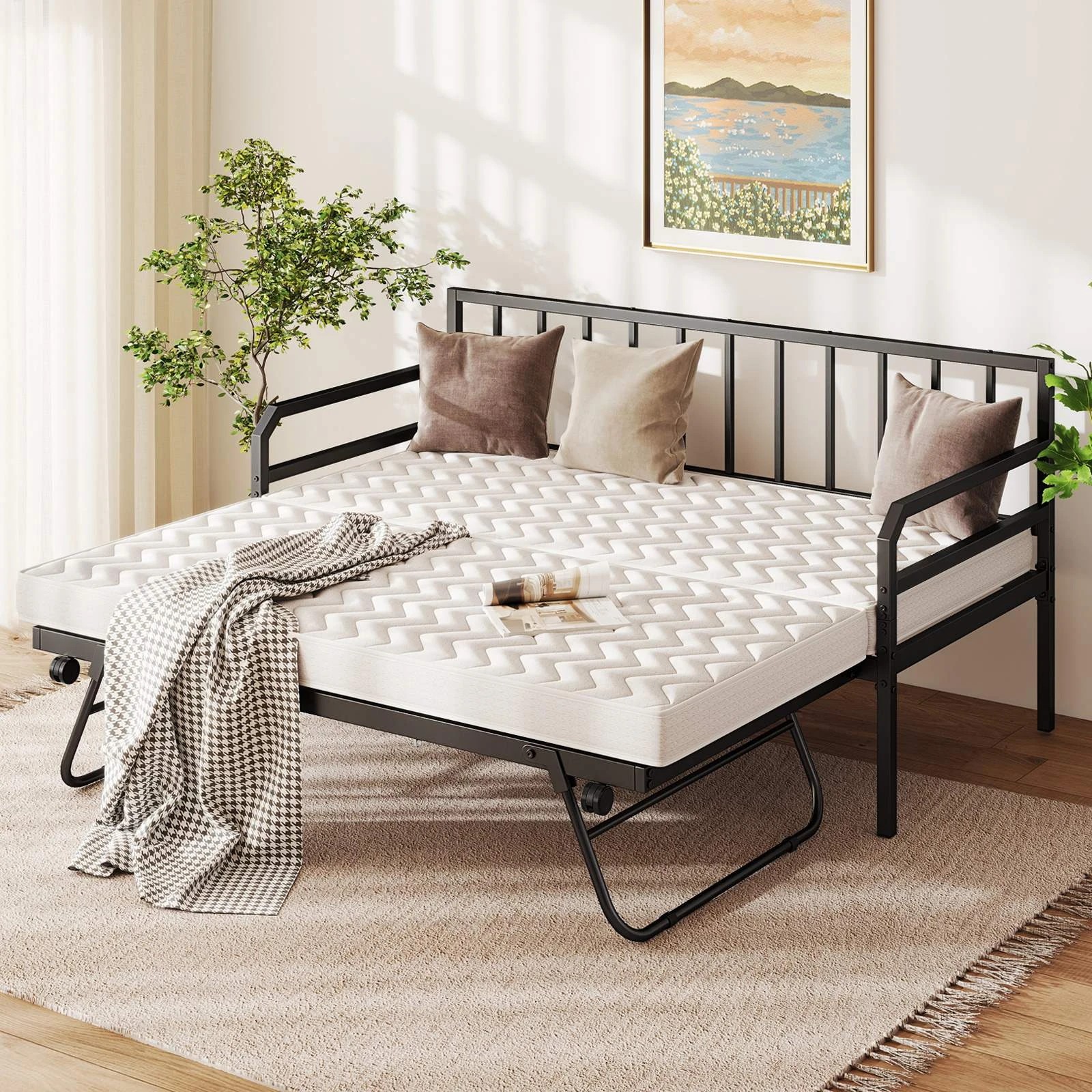 2 Costway Single Sofa Bed Metal Daybed Bed Frame Space Savor w/Pop up Trundle, 2 of 4