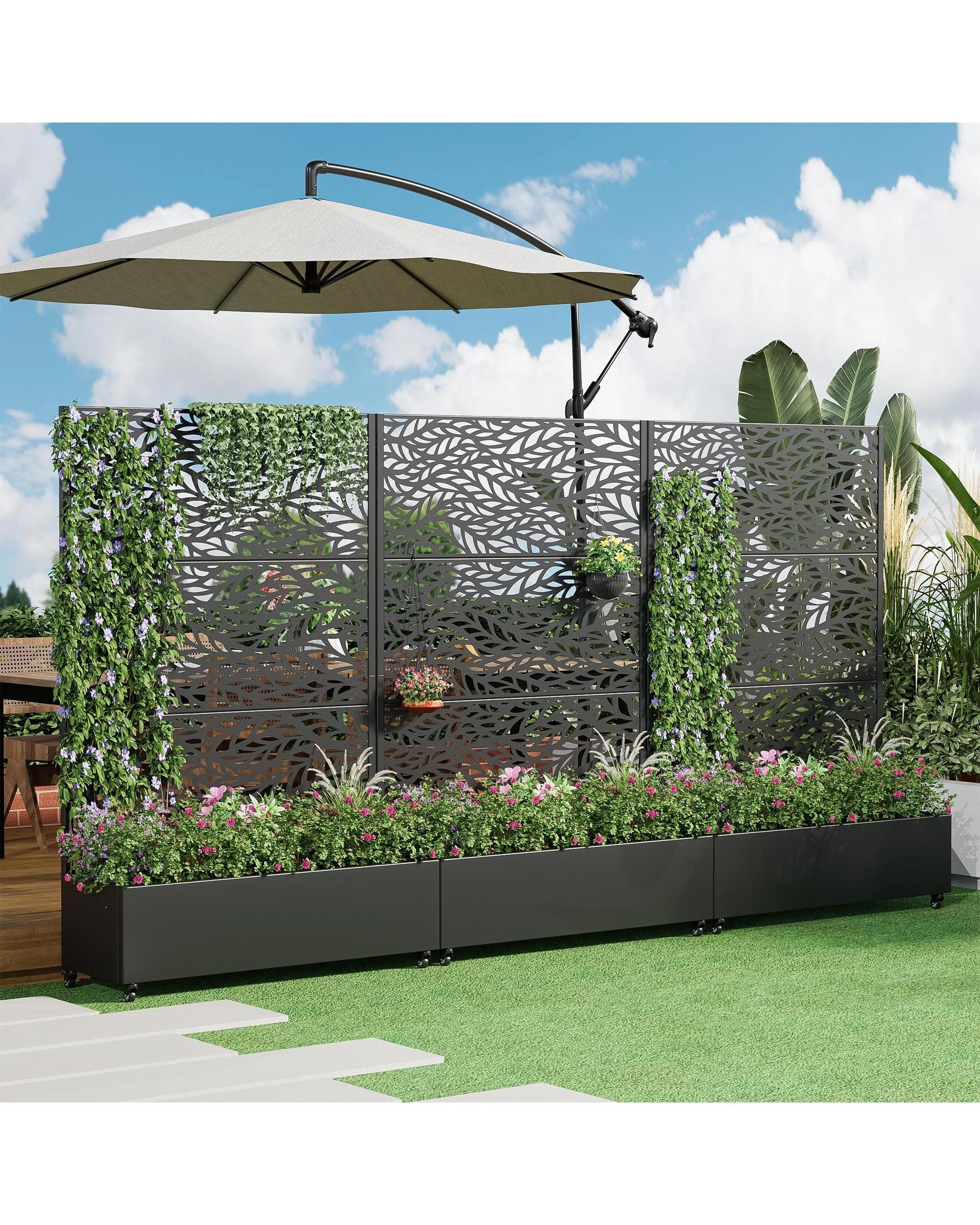 3 OAKORY 180cm Metal Planter Box with Privacy Screen and Lockable Wheels, Drainage Hole, Raised Garden Bed Patio - Black, 3 of 5