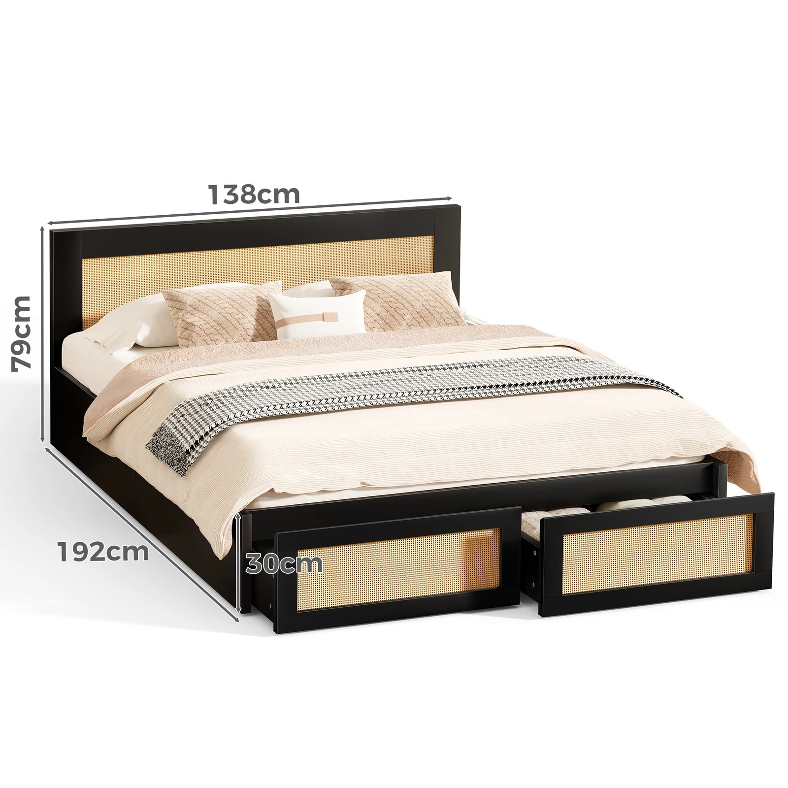 2 Alfordson Wooden Bed Frame Double Size Rattan Bed Base with Storage Drawer - Black, 2 of 10