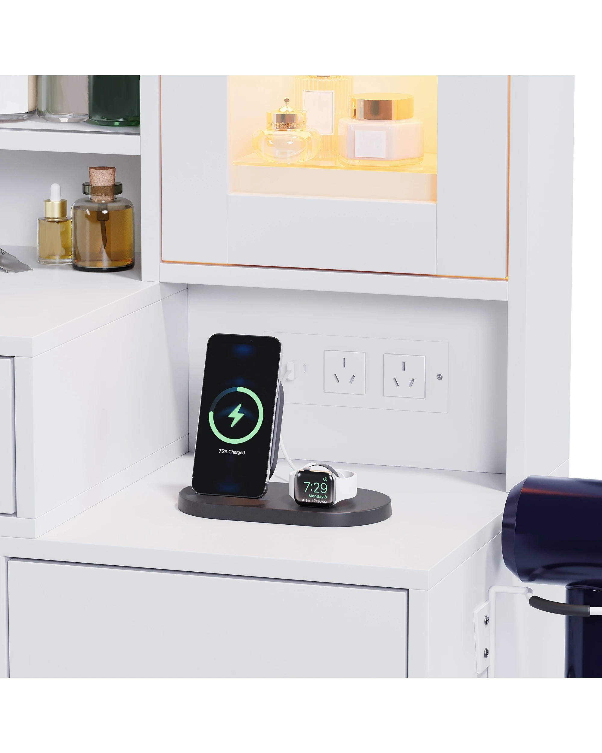 6 Advwin Dressing Table Vanity Desk Glass Top Drawer Wireless Charging LED Light - Black, 6 of 10
