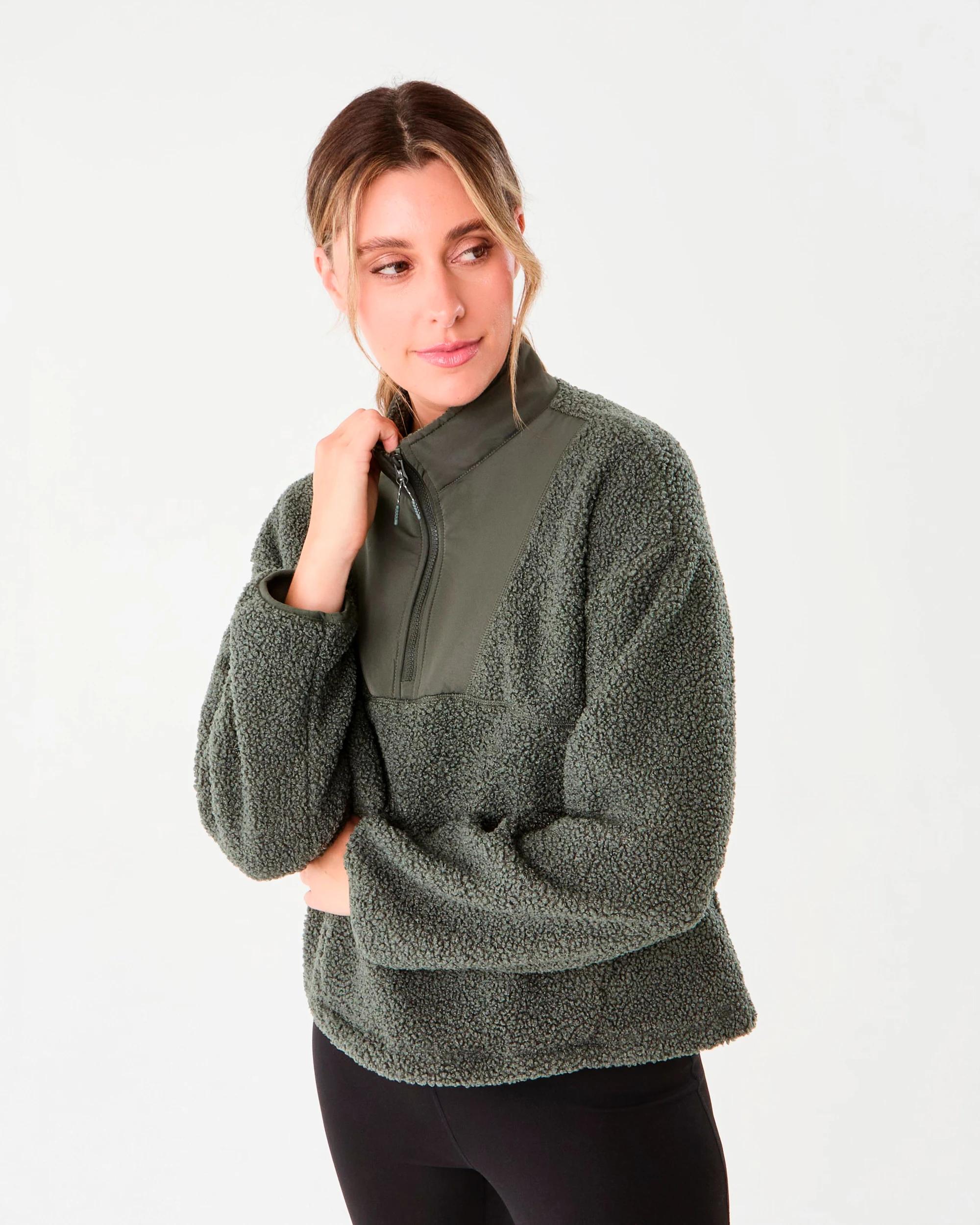 4 Active Womens 1/4 Zip Sherpa Jumper Cargo Grn, 4 of 6