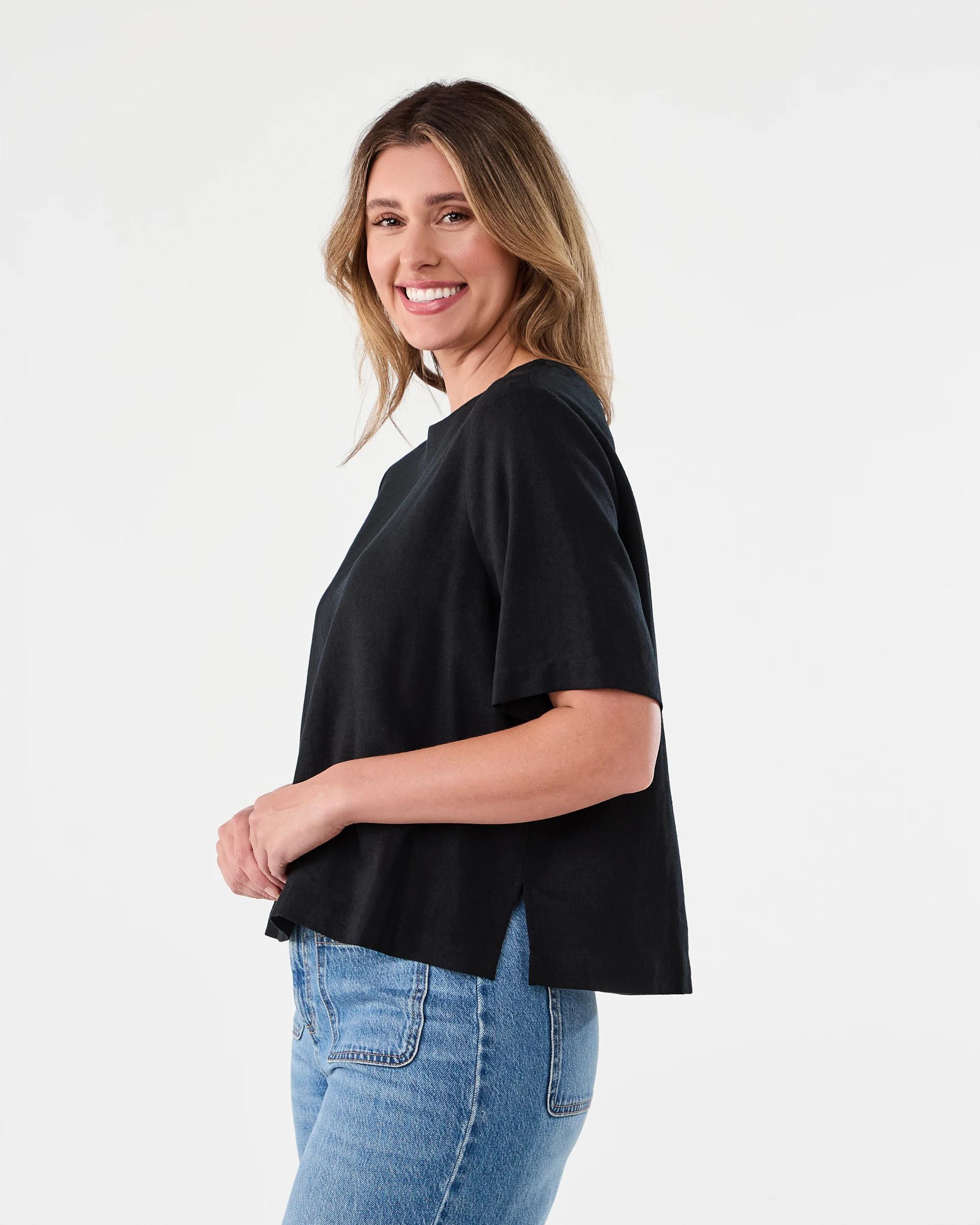 2 Short Sleeve Linen Blend Boxy Top Black, 2 of 7