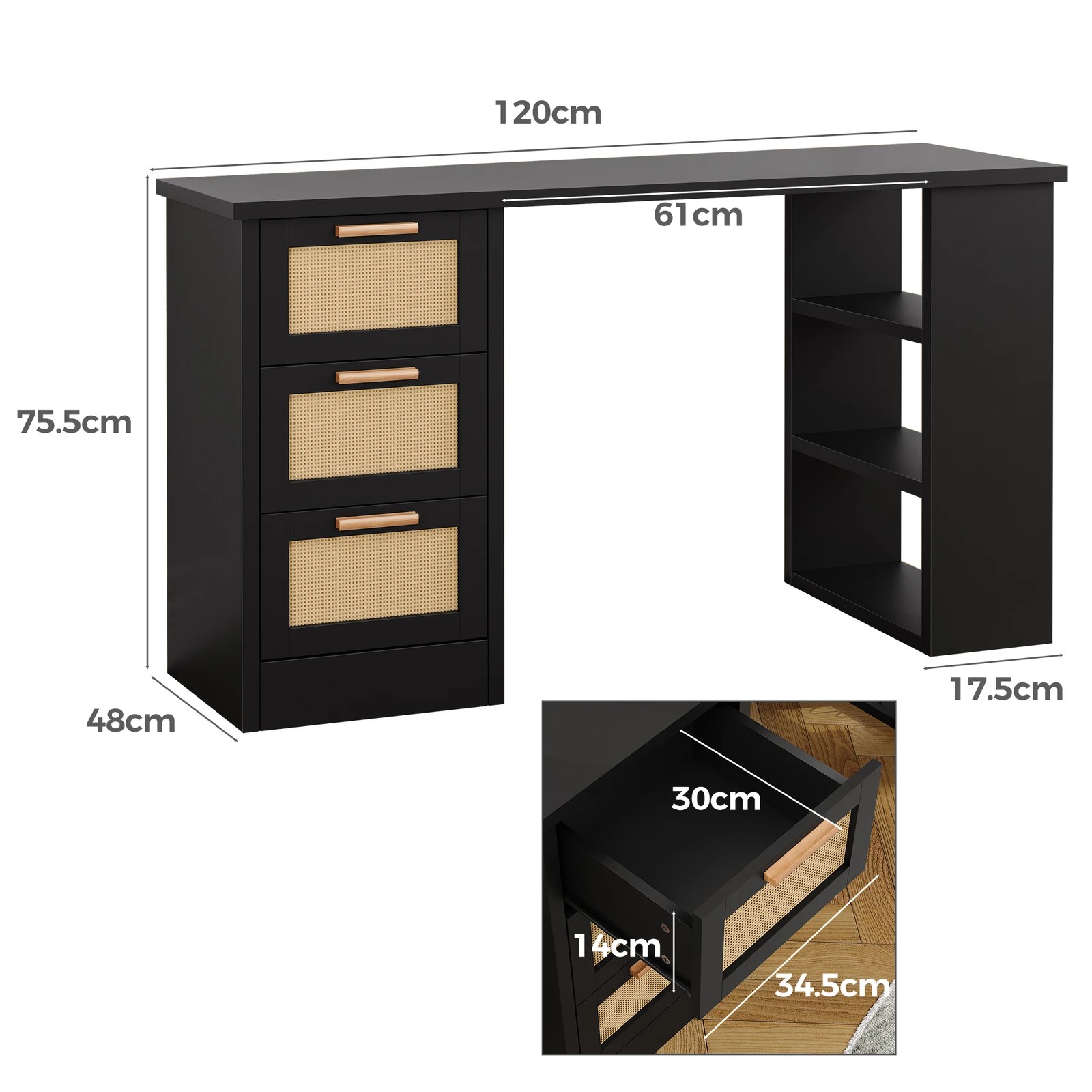 10 Alfordson Computer Desk Drawers Office Laptop PC Study Table Shelf - Black, 10 of 10