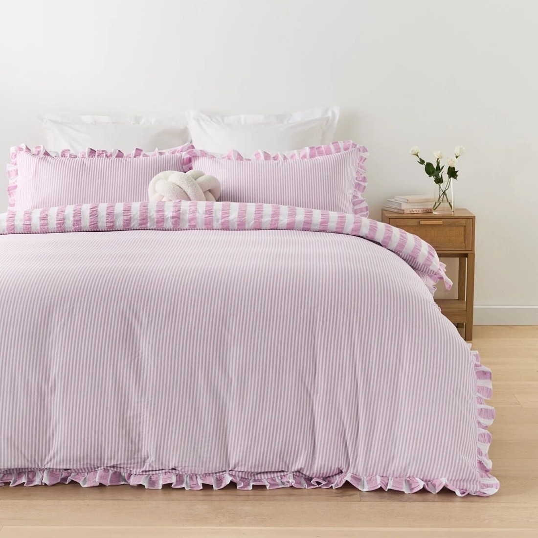 2 Ruffle Stripe Cotton Reversible Quilt Cover Set - Double Bed, Mauve, 2 of 7