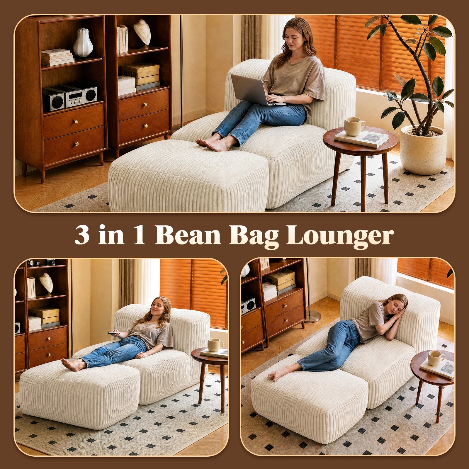 3 Advwin Big Bean Bag Chair Lazy Floor Sofa with High-Density Foam - Beige, 3 of 6