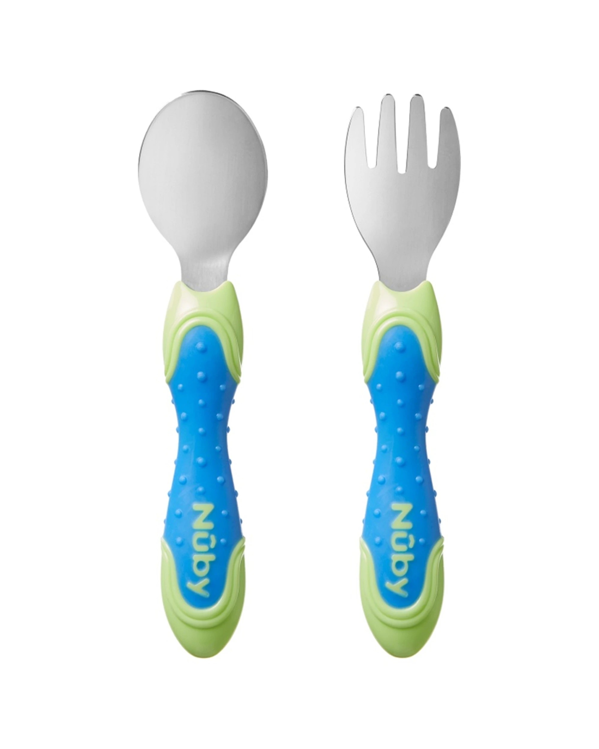2 Nuby 2pc Stainless Steel Fork Spoon Set Easy Grip Baby Feeding - Multi, 2 of 2