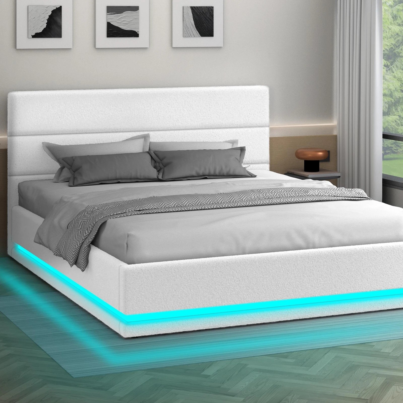 2 Alfordson Bed Frame King Size Platform RGB LED Gas Lift Base Storage Boucle - White, 2 of 10