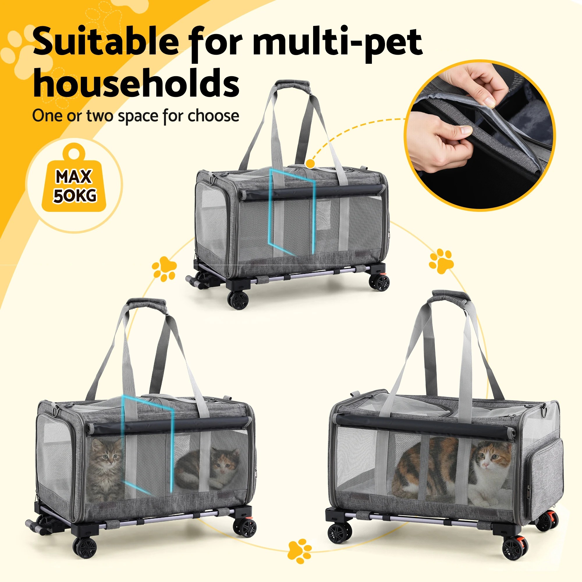 6 i.Pet Pet Carrier Swivel Wheels Foldable Cat Dog Trolley Stroller Travel Bag - Grey, 6 of 8