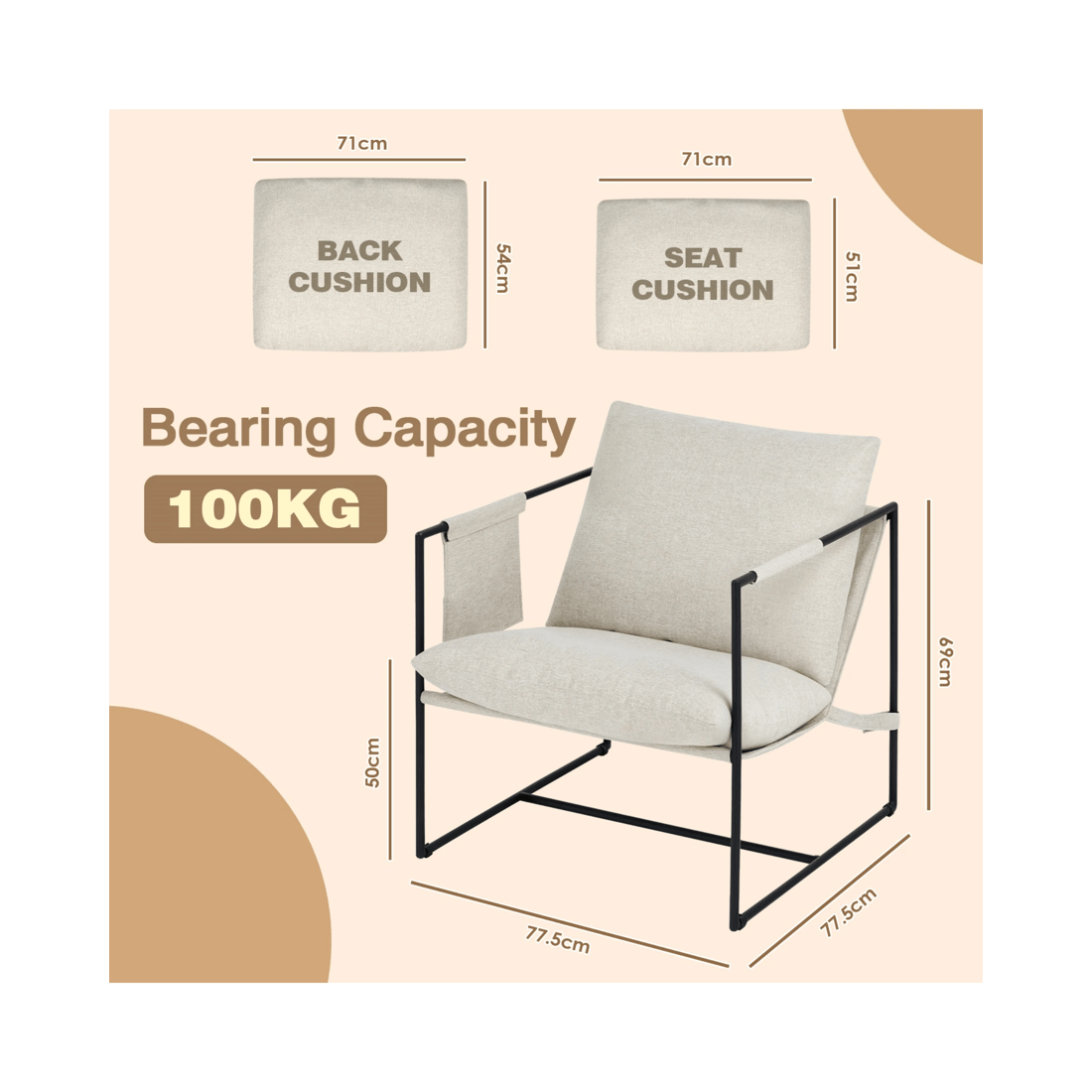 2 Advwin Sling Accent Chair Linen Lounge Chair Armchair with Upholstered Cushions & Side Pocket Beige, 2 of 10