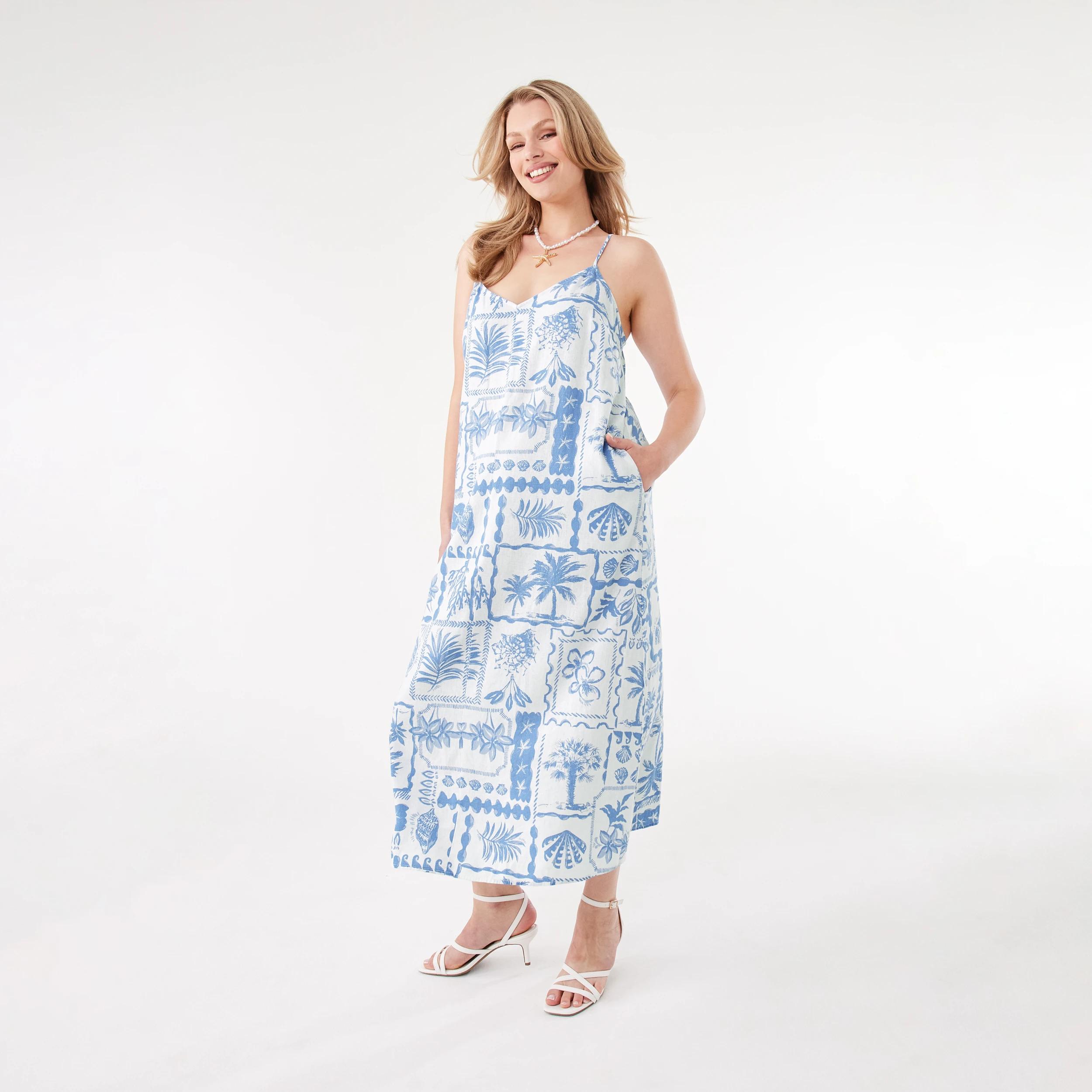 2 Sleeveless V-Neck Linen Blend Midi Dress Pcard Blue, 2 of 9