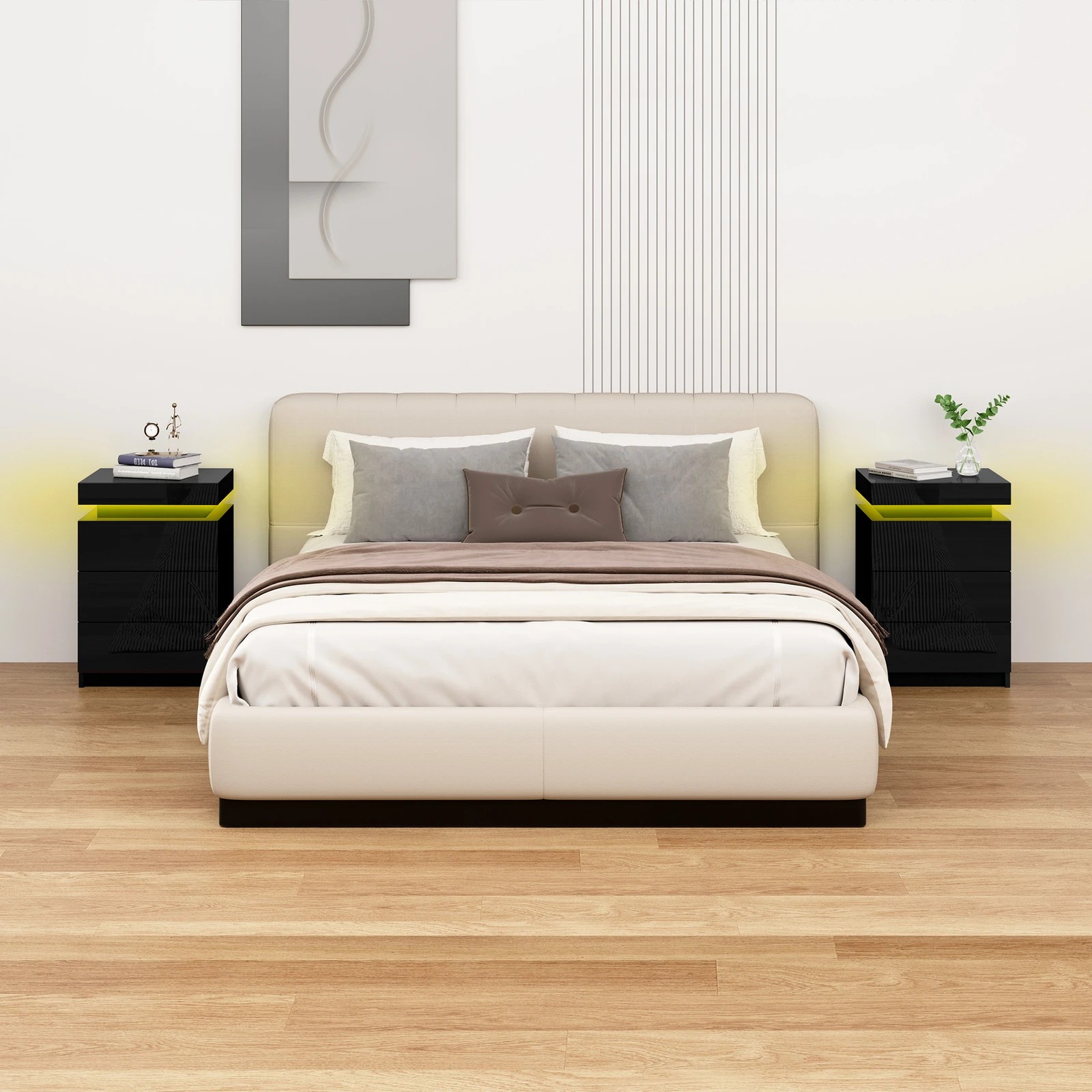 3 Alfordson 2x Bedside Table RGB LED Nightstand 3 Drawers High Gloss - Black, 3 of 10