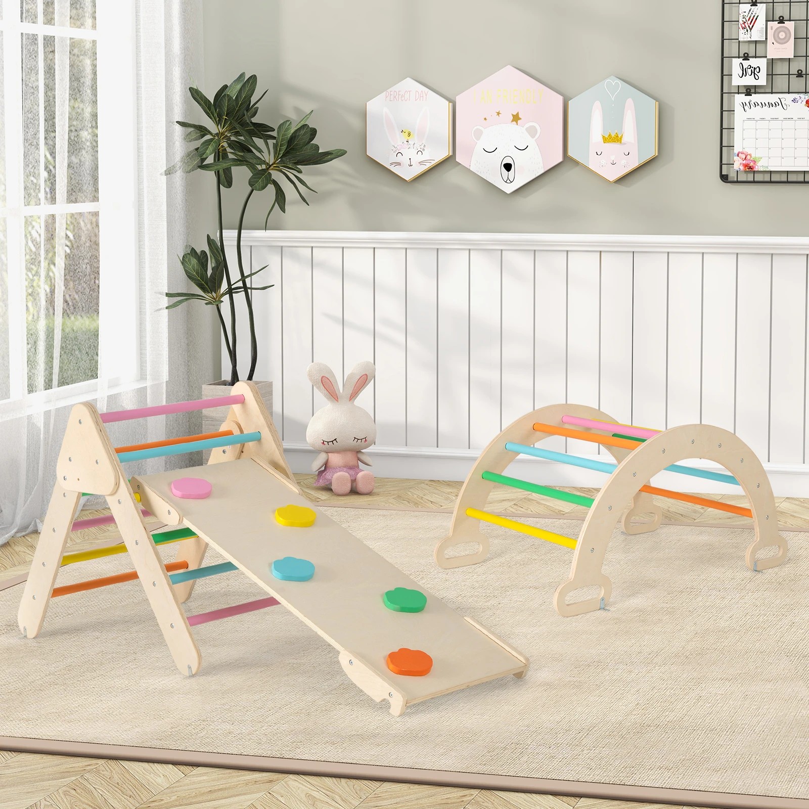 5 Costway Kids Climb Playset Wood Climbing Frame Rocking Arch Slide, 5 of 6