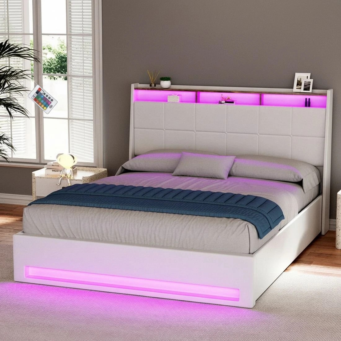 6 Artiss Bed Frame Gas Lift LED Beds Base Platform  PVC Leather Storage Headboard - White, 6 of 6