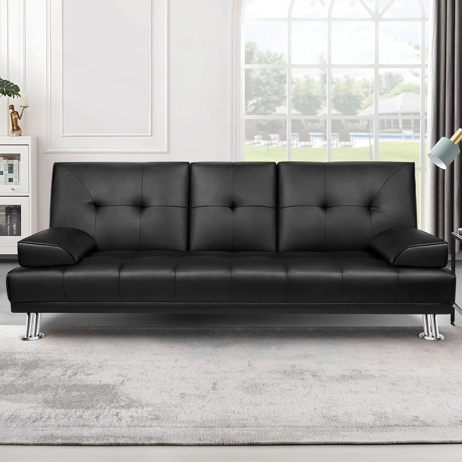 7 Alfordson Sofa Bed Lounge 3 Seater Futon Couch Cup Holder Leather - Black, 7 of 10