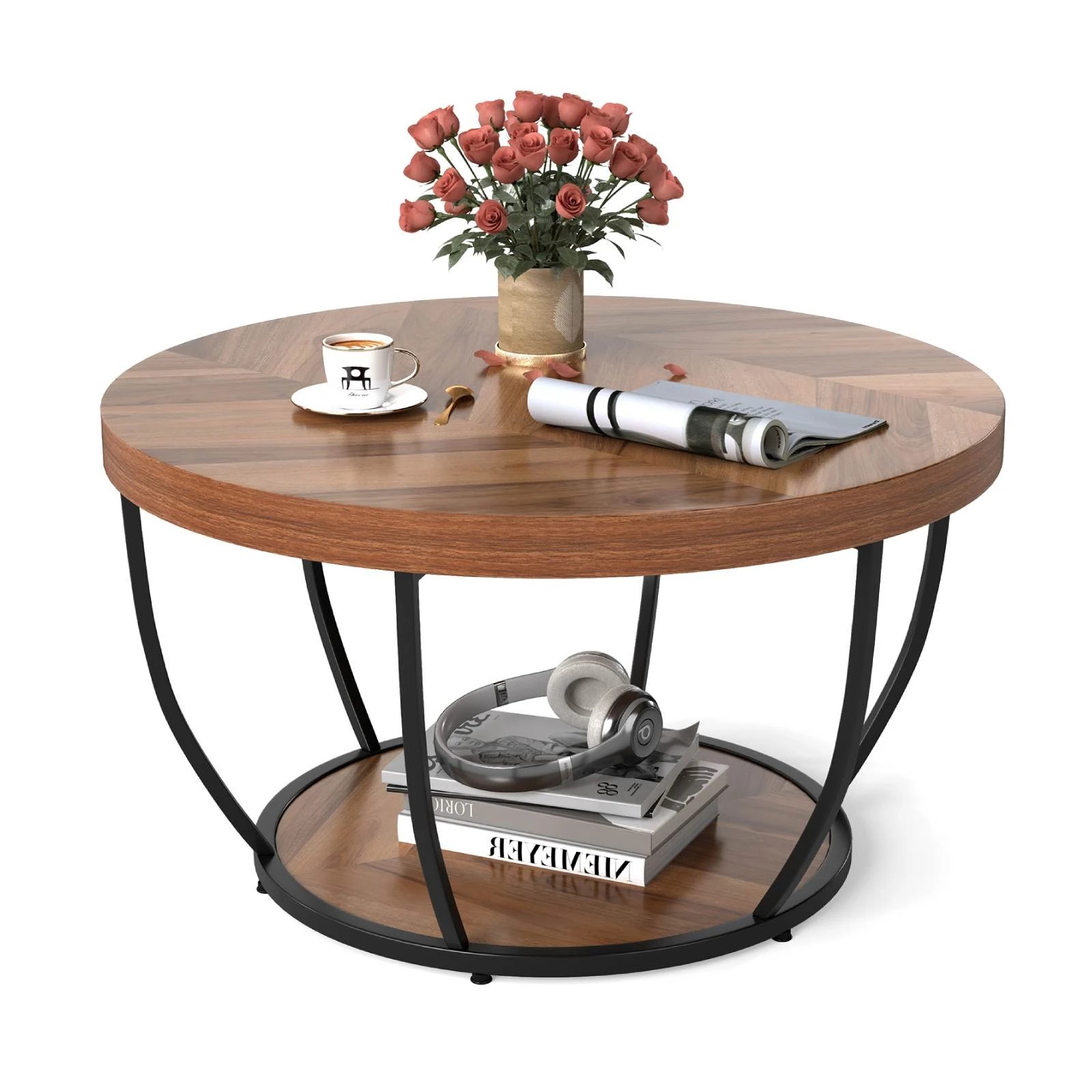 5 Costway 2-Tier Round Coffee Table Heavy-duty Metal Frame Tea Cocktail Table, 5 of 5