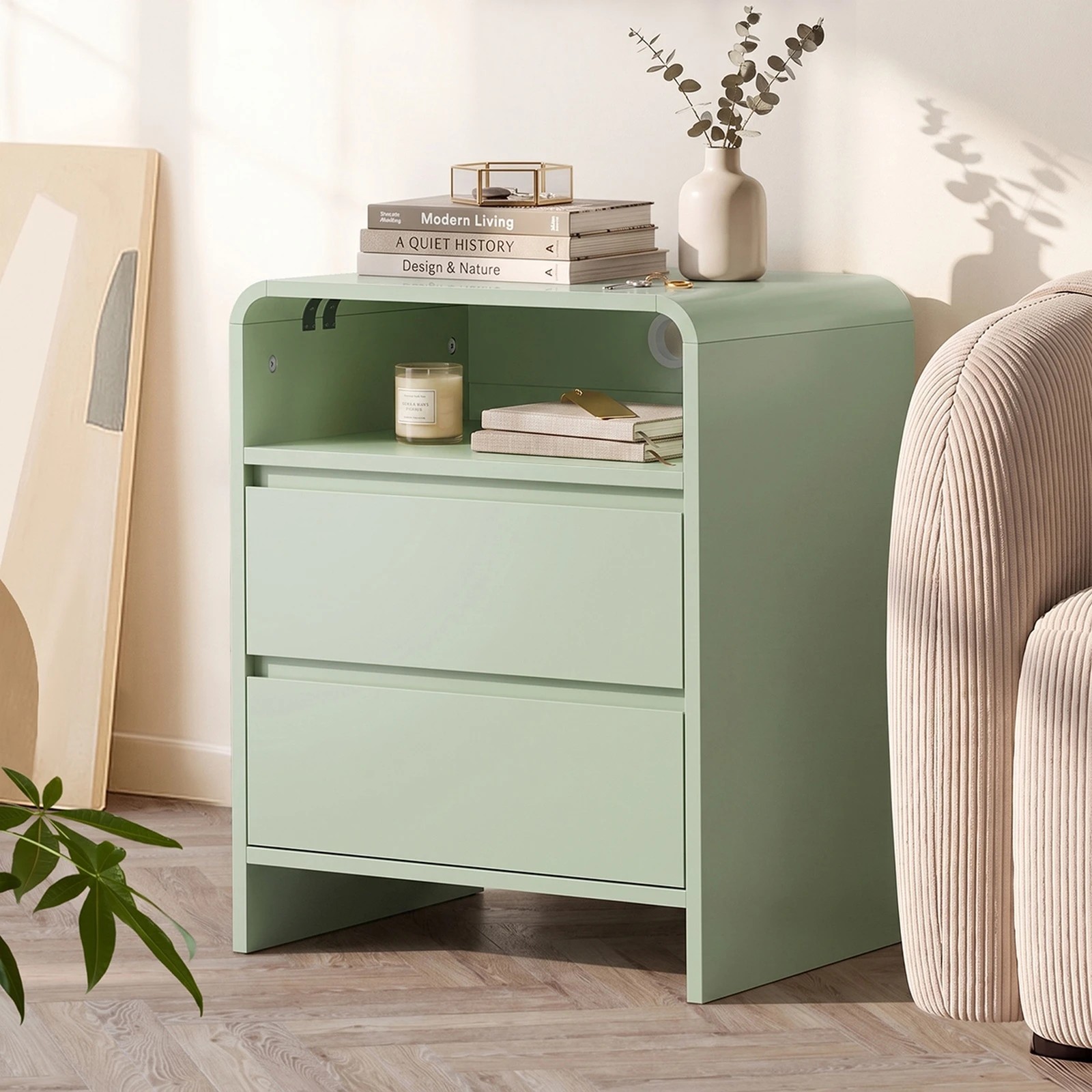 Oikiture Bedside Table Open Shelf Nightstand Handle-Free Drawers ...