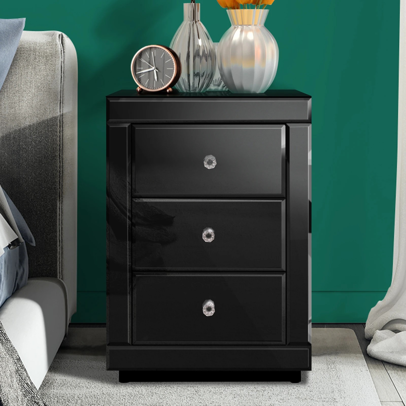 10 Alfordson Bedside Table Mirrored Cabinet Nightstand Side End Table Drawers - Black, 10 of 10