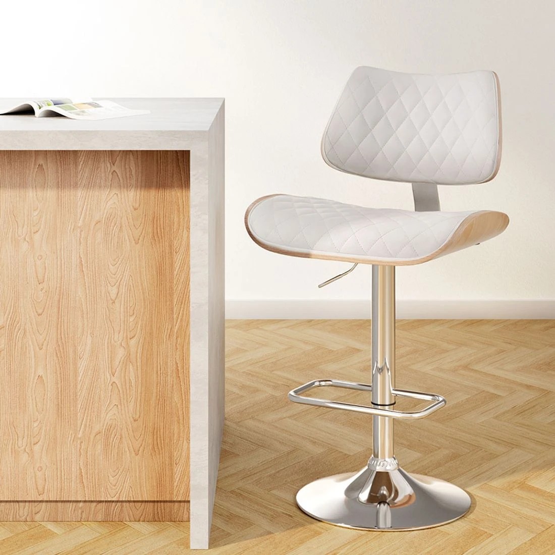3 Artiss Bar Stools Kitchen Dining Chairs Gas Lift Stool Wooden Leather - White, 3 of 4