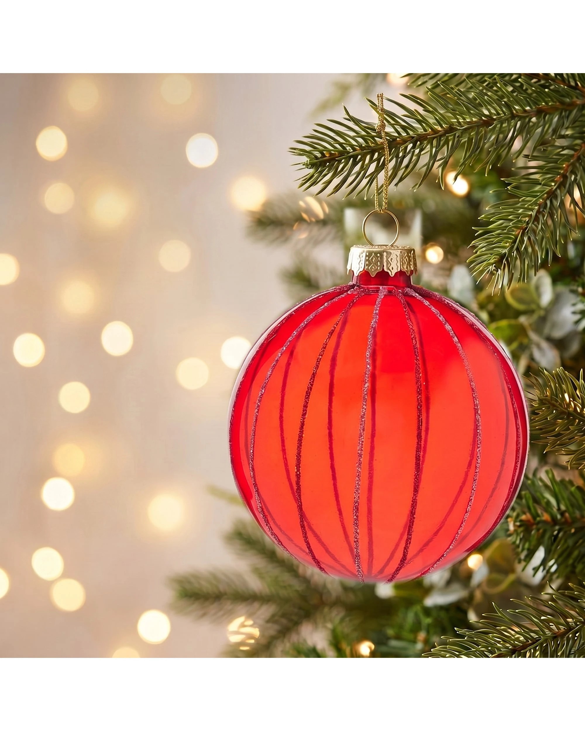 Christabelle 6 Red Glass Christmas Baubles Pink Beaded Stripes 8cm Xmas ...