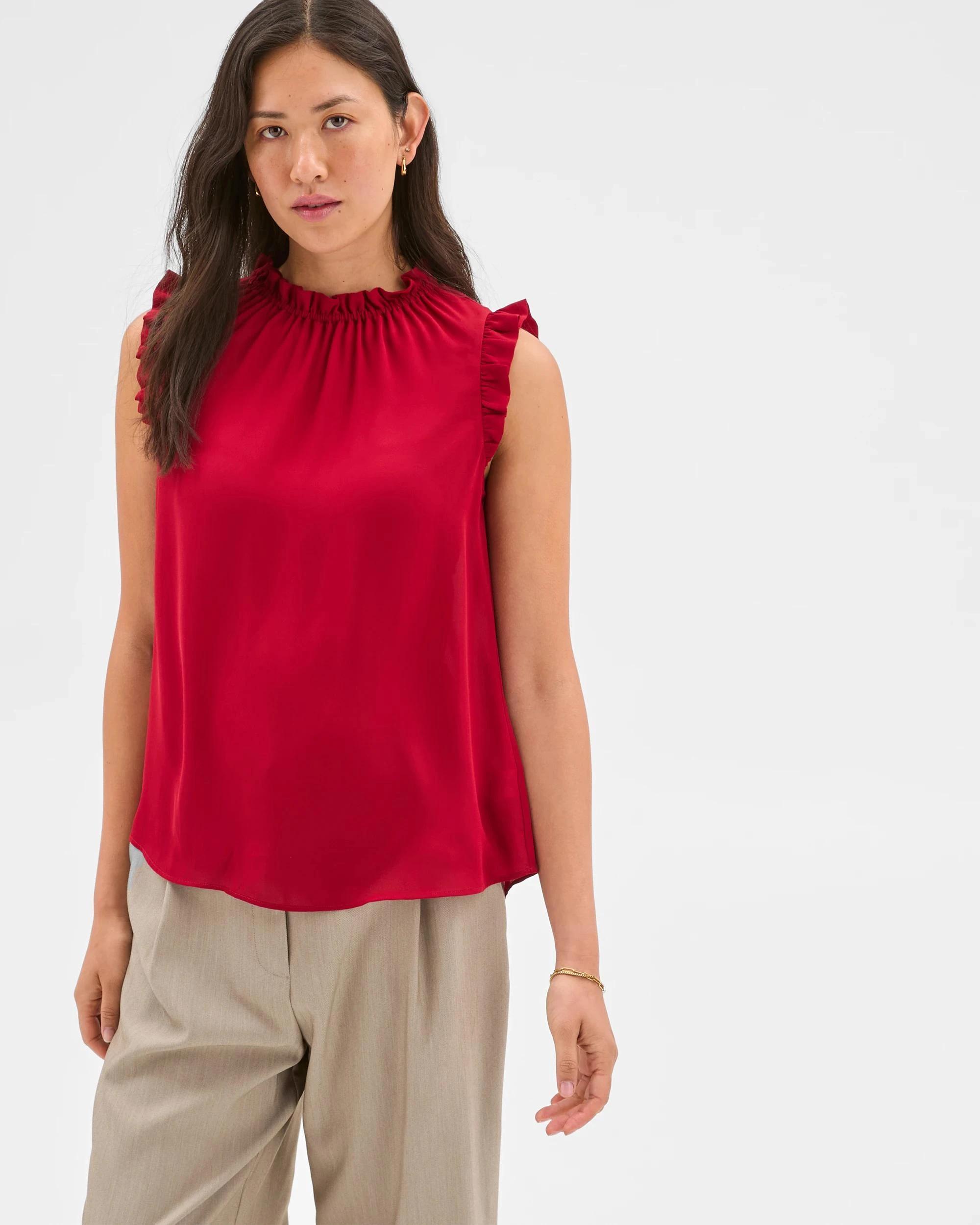 3 Sleeveless Ruffle Neck Tank Top - Preview CRIMSON, 3 of 6