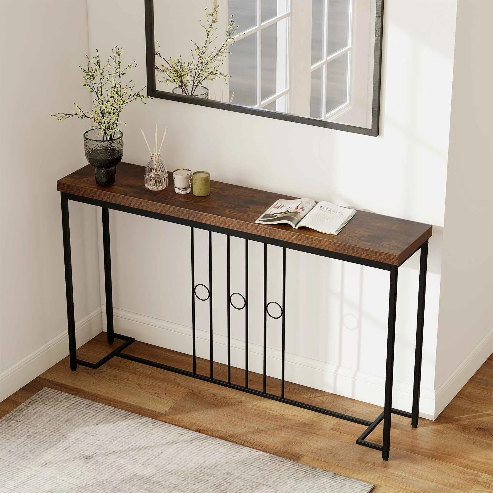 2 Costway Industrial Console Table 140cm Entryway Table Spacious Tabletop Behind Sofa, 2 of 5