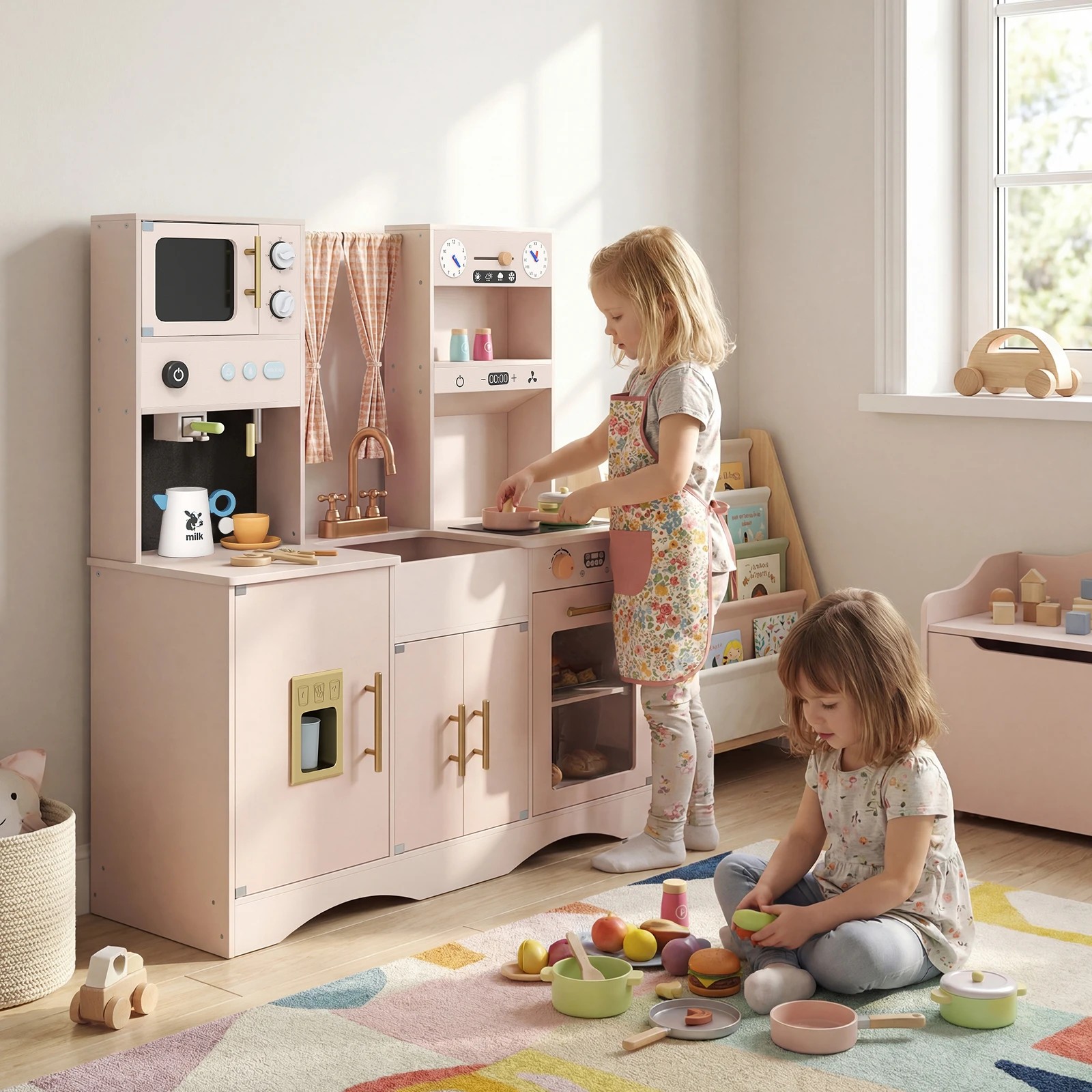 8 Costway Wooden Kitchen Playset Pretend Play Toy Kitchen w/Microwave Coffee Maker - Pink, 8 of 8