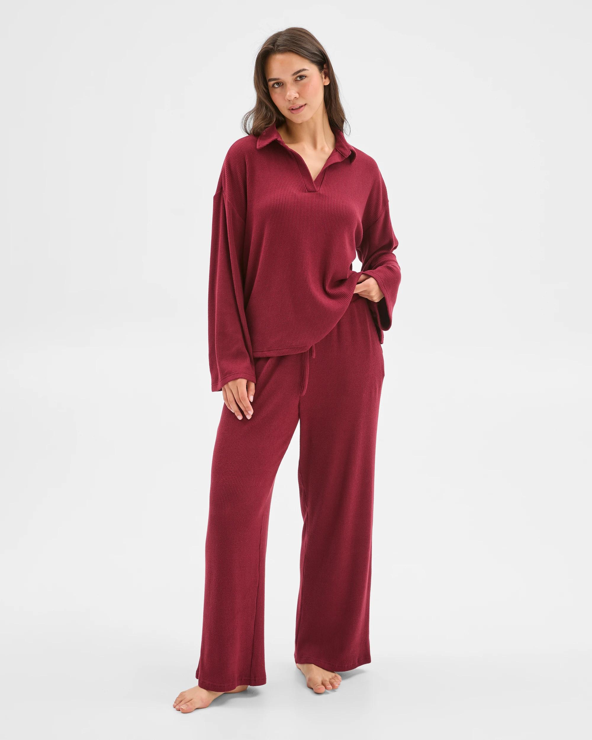 1 Target Woman Cosy Rib Wide Leg Pants BURGUNDY, 1 of 6