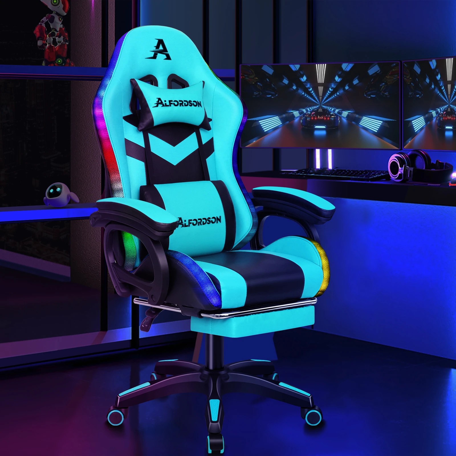 3 Alfordson Gaming Office Chair 12 RGB LED Massage Computer Seat Footrest - Cyan Black, 3 of 10