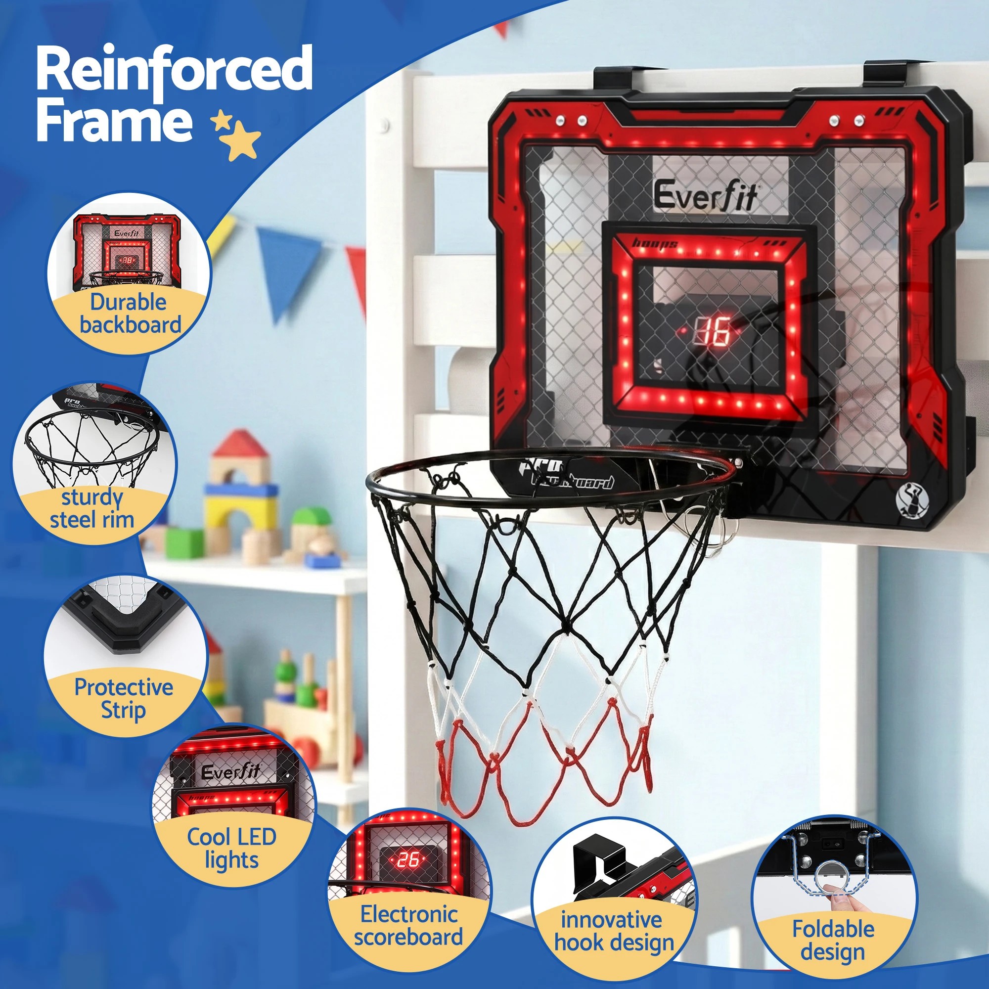 2 Everfit Mini Basketball Hoop Over Door Indoor LED Scoreboard Kids Set 40x30cm - Red, 2 of 5