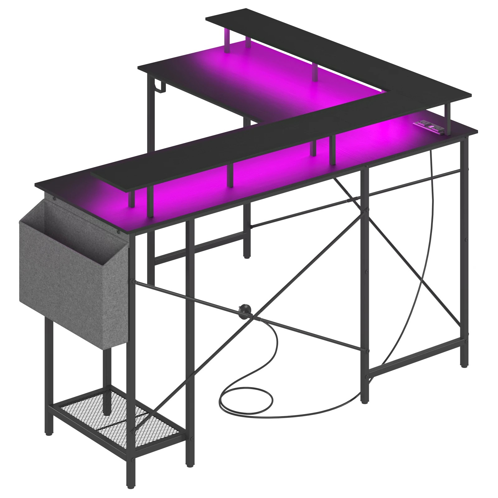 6 Advwin L Shaped Computer Gaming Desk With Led Lights & Power Outlets Black, 6 of 9