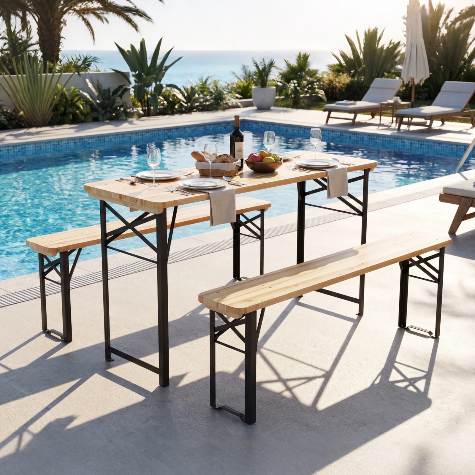 3 Costway 3 PCS Folding Picnic Table Solid Fir Wood Camping Beer Table Set, 3 of 4
