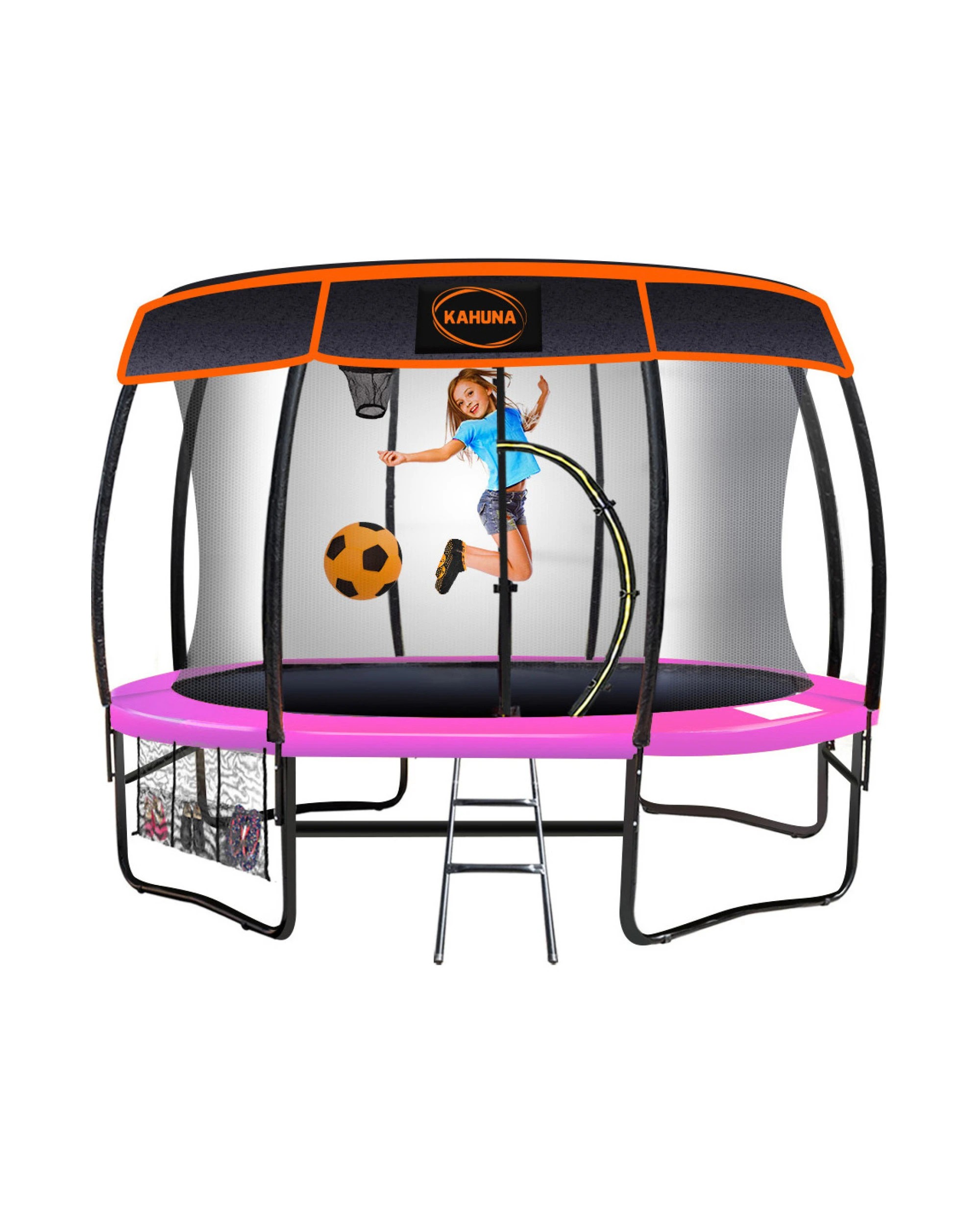 1 Kahuna Trampoline 8 ft with Basketball Set and Roof - Pink, 1 of 6