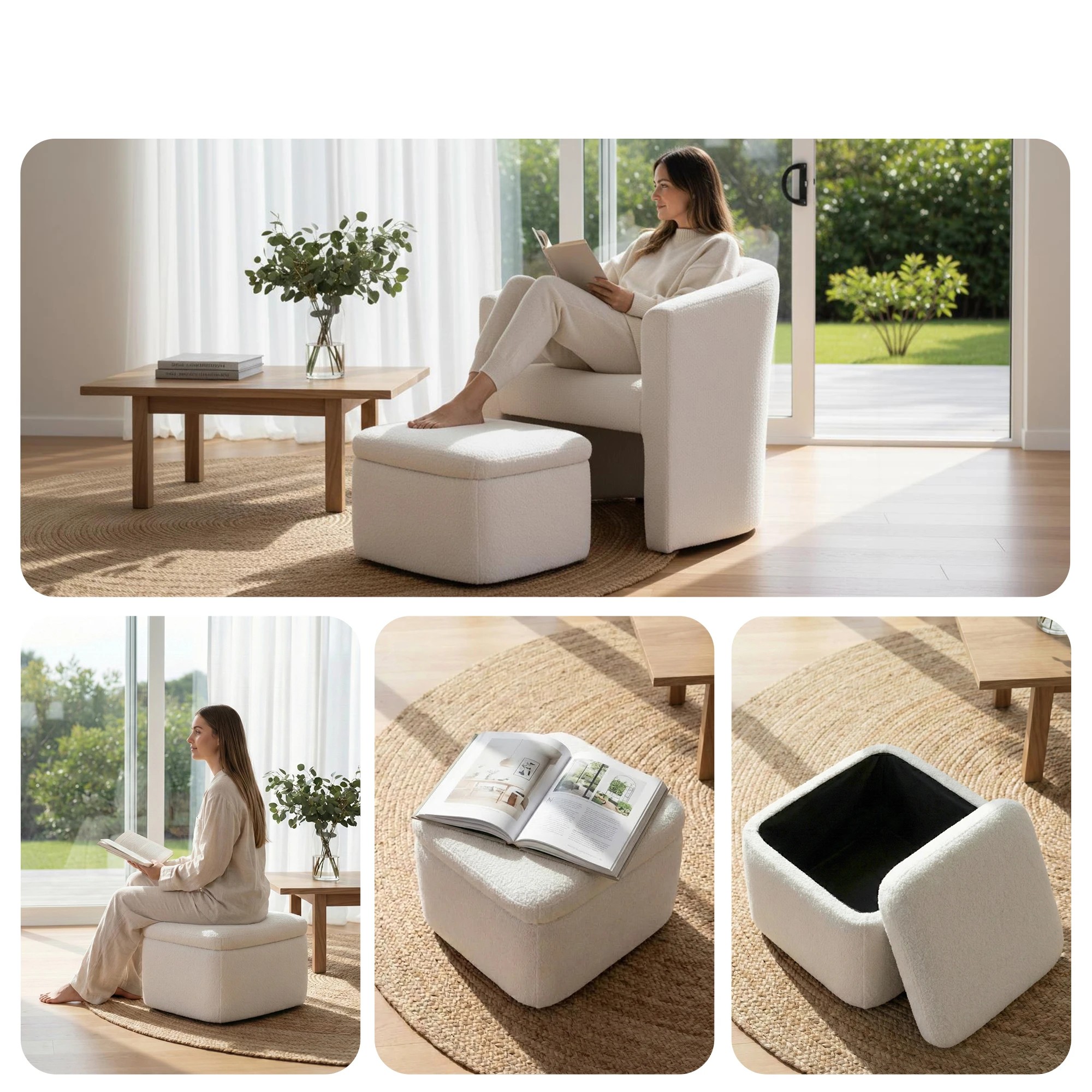5 Artiss Armchair Accent Chair w/Ottoman Lounge Footrest Storage Boucle - White, 5 of 8