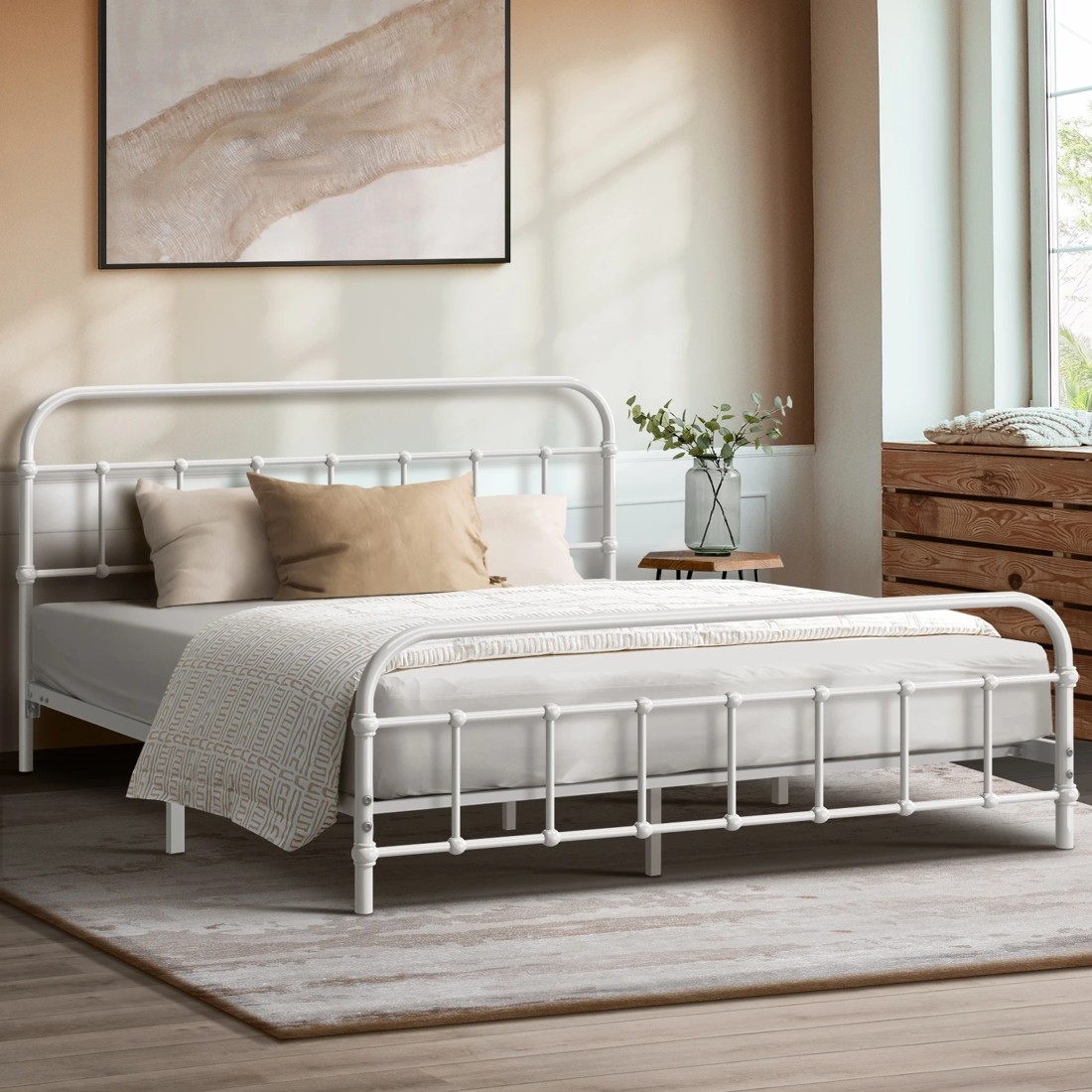 2 Oikiture Bed Frame Metal Bed Base Double Size Bed Platform
 - White, 2 of 9