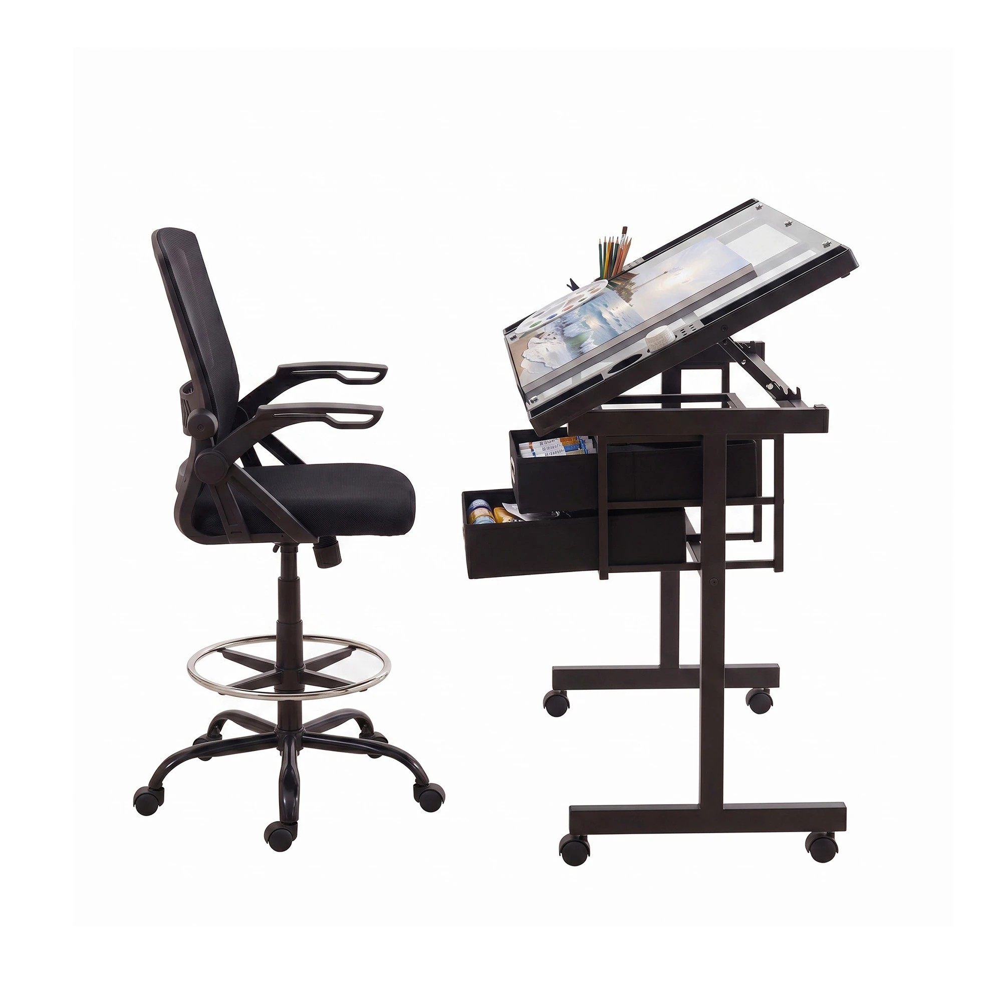 9 Artiss Drawing Table w/ Glass Top & Ergonomic Chair – Drafting Desk w/ Drawers for Art Studi - Black, 9 of 9
