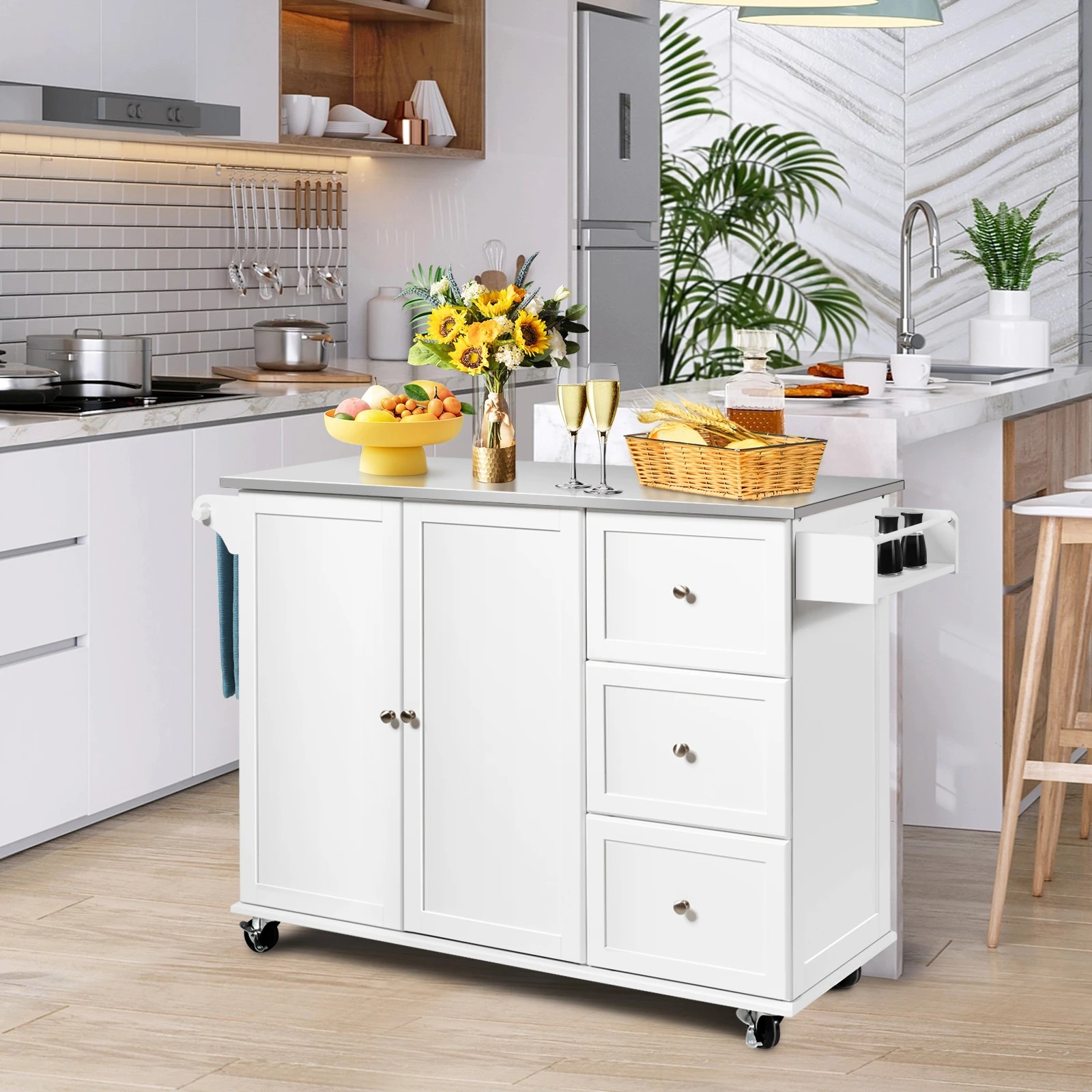 3 Costway Kitchen Trolley Cart Stainless Steel Rolling Serving Cart Shlef w/Drawers - White, 3 of 3