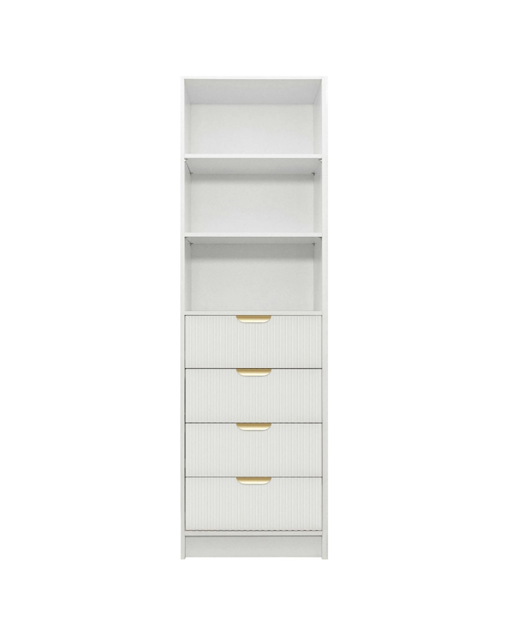 1 European Cabinetry Malmo 3 Shelf 4 Drawer Walk In Wardrobe Fluted Panel Brass Pull Handle - White, 1 of 3