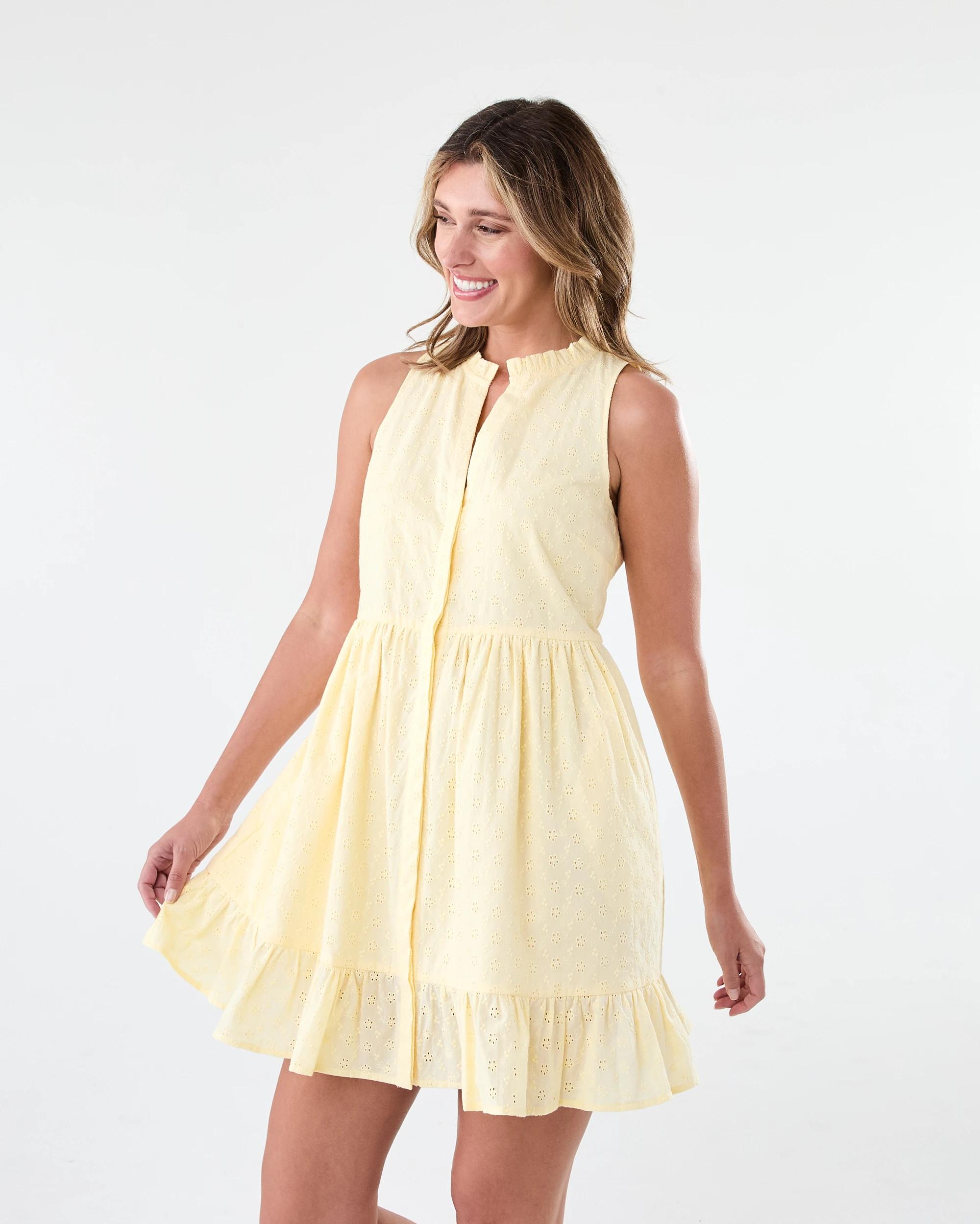 2 Sleeveless Tiered Broderie Mini Dress Fln Yellow, 2 of 9