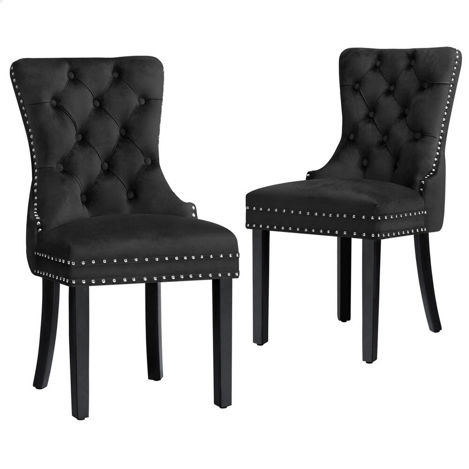 1 Alfordson 2x Dining Chair Kitchen Lounge Retro Button Tufted Wooden Velvet - Black, 1 of 10