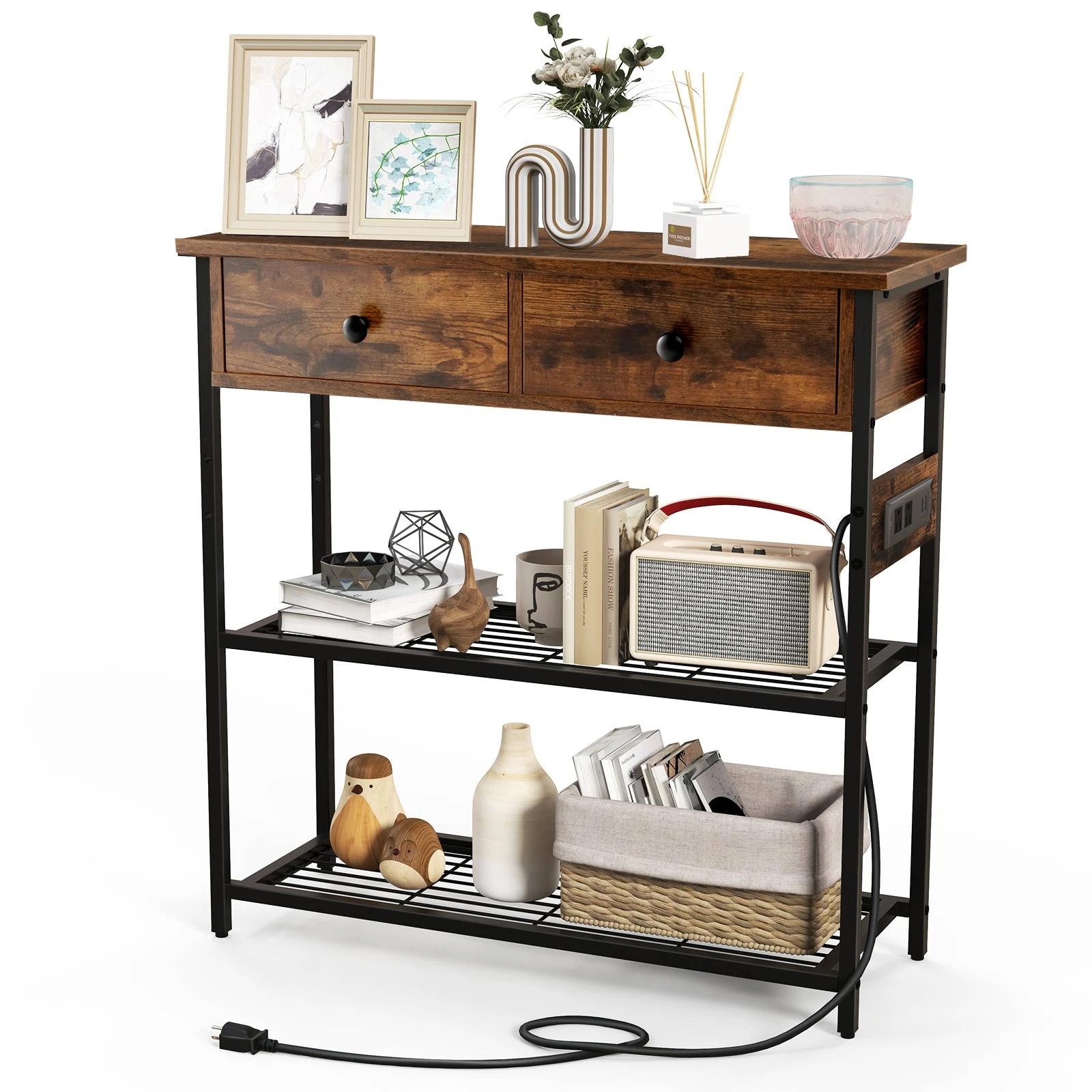 9 Costway 3-Tier Industrial Console Table w/Charging Station Hallway Table - Brown, 9 of 10